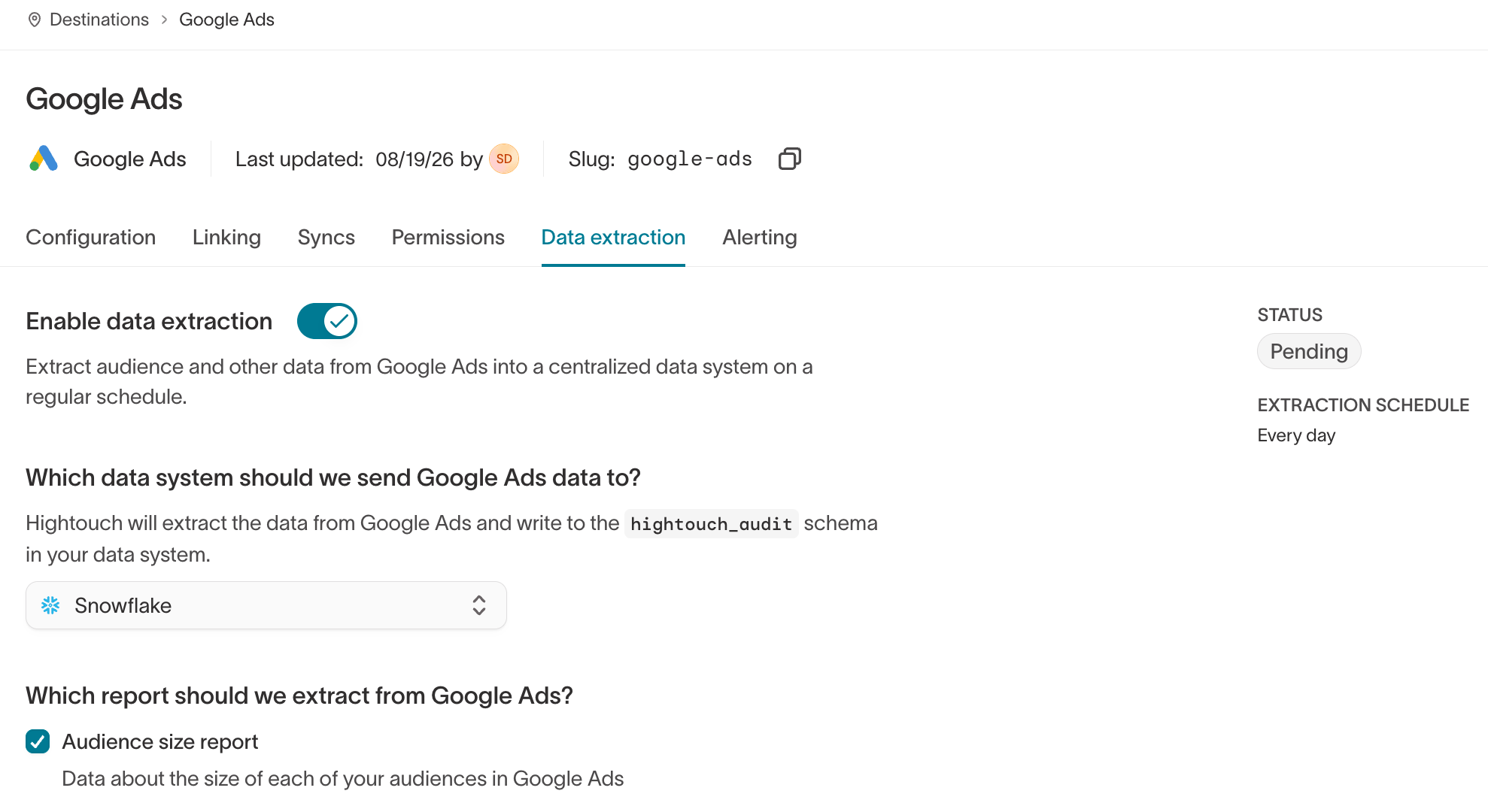 The Data extraction tab configured for a Google Ads destination
