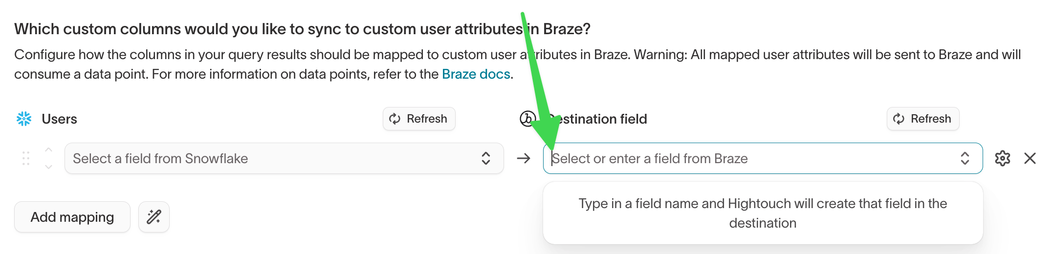 Creating a custom Braze attribute from the destination field input