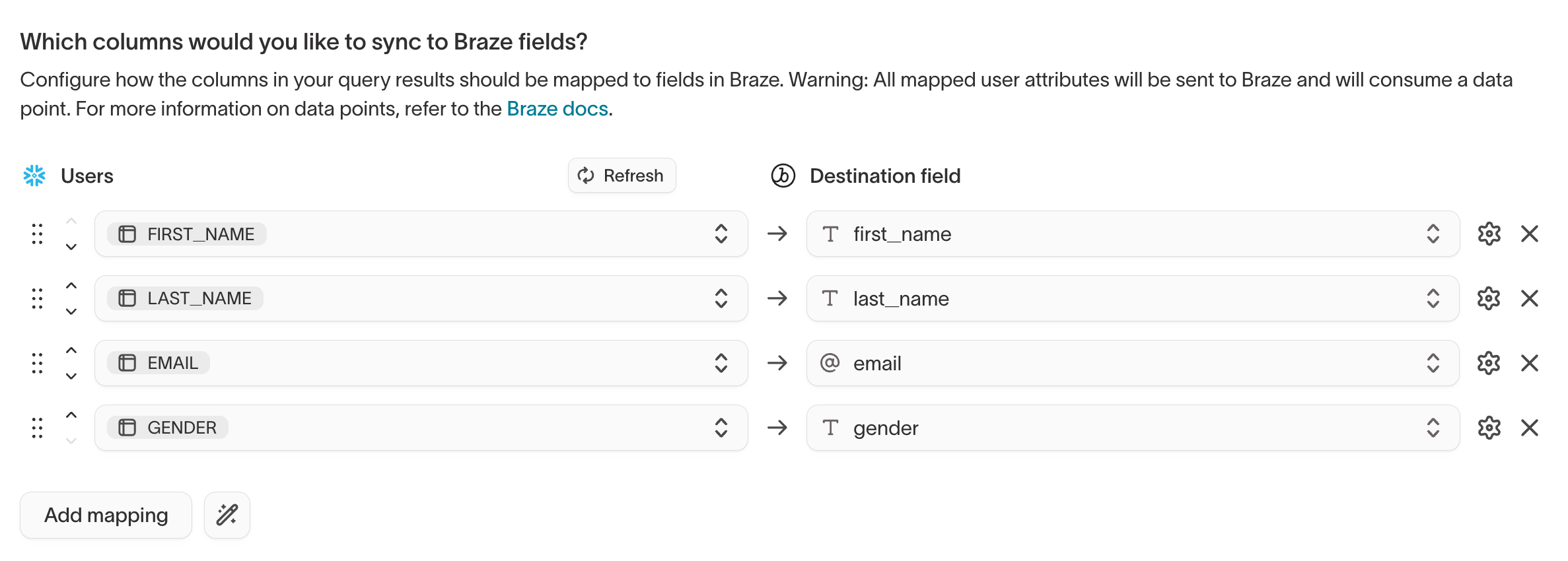 Mapping model columns to Braze fields