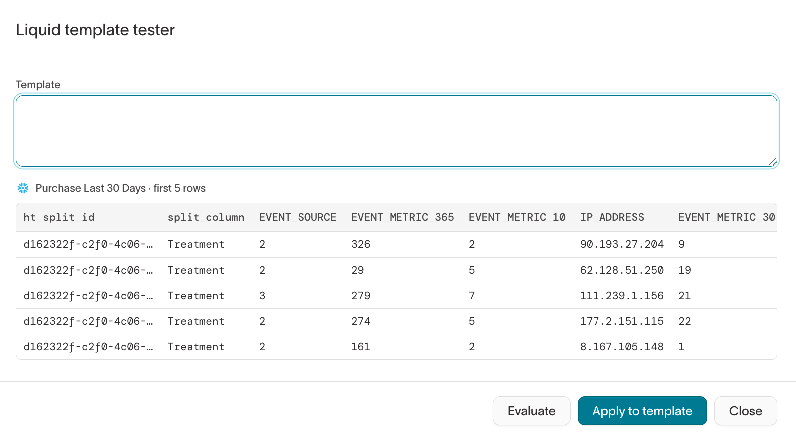 The Liquid template tester showing rendered output for sample rows