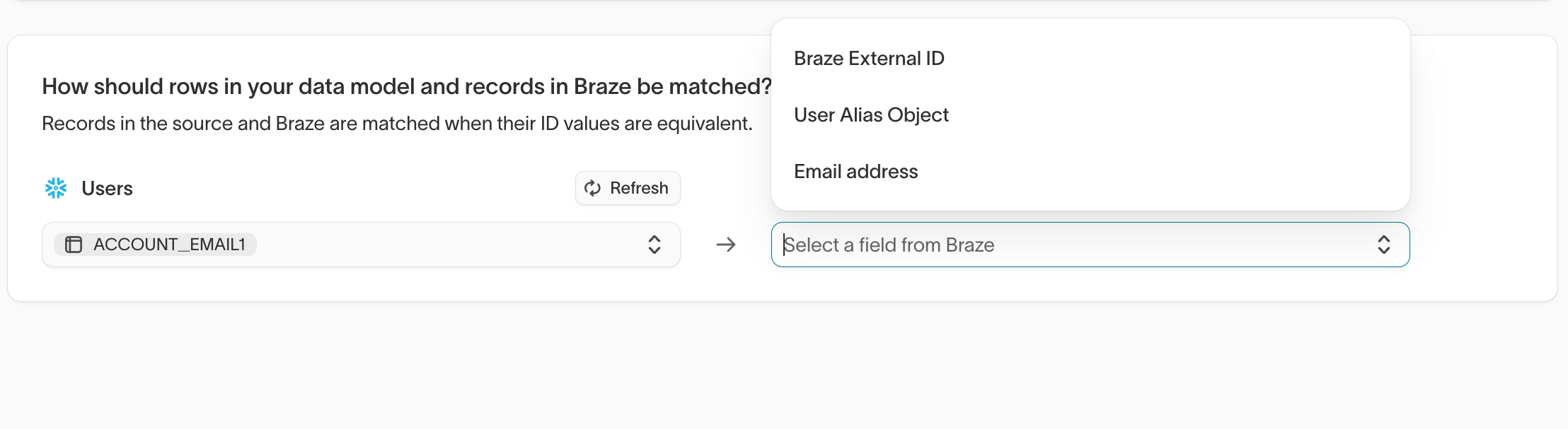 Selecting the Braze field to match on