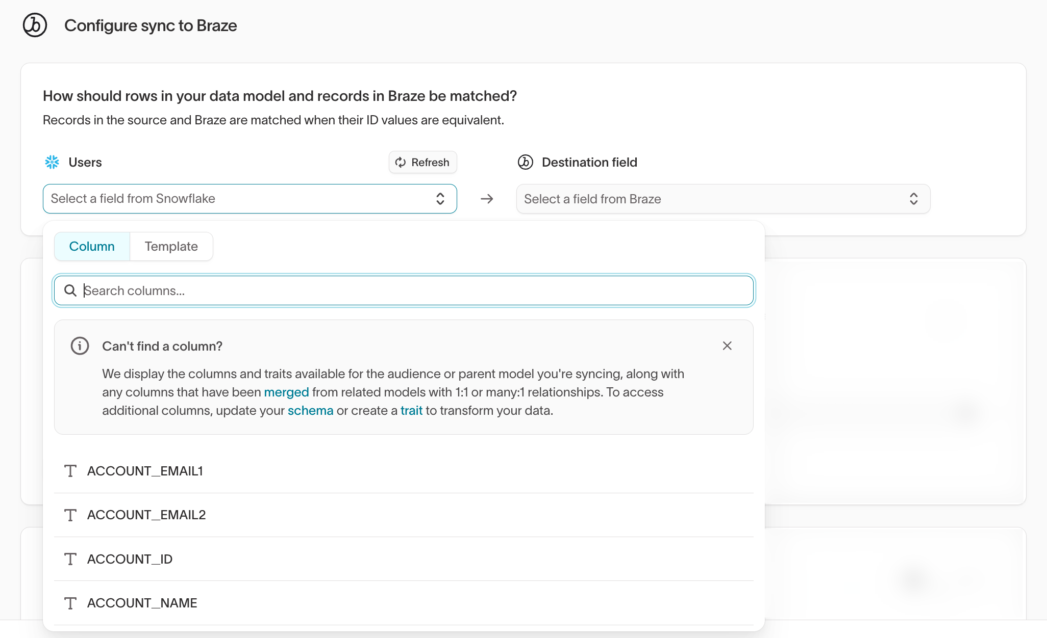 Selecting the model column to match on