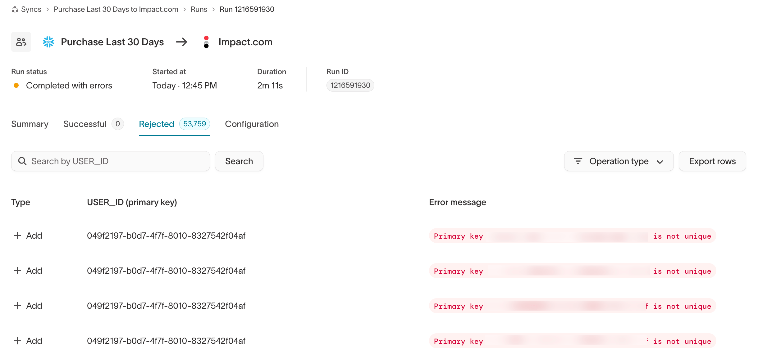 The Rejected tab listing rows with their primary keys and error messages