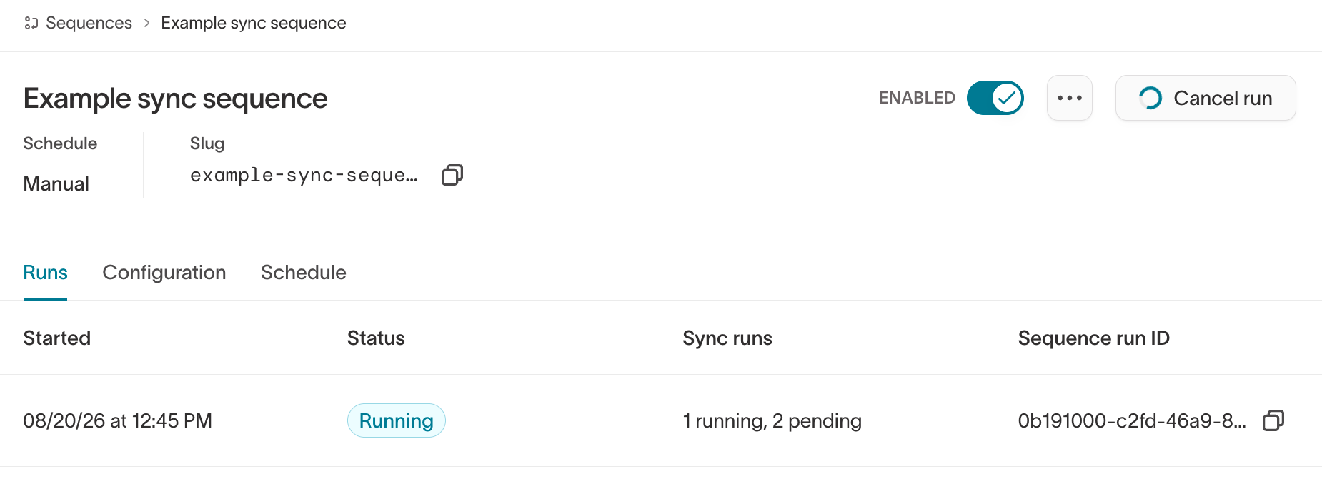 A sequence's detail page showing its enable toggle, Run button, and run history