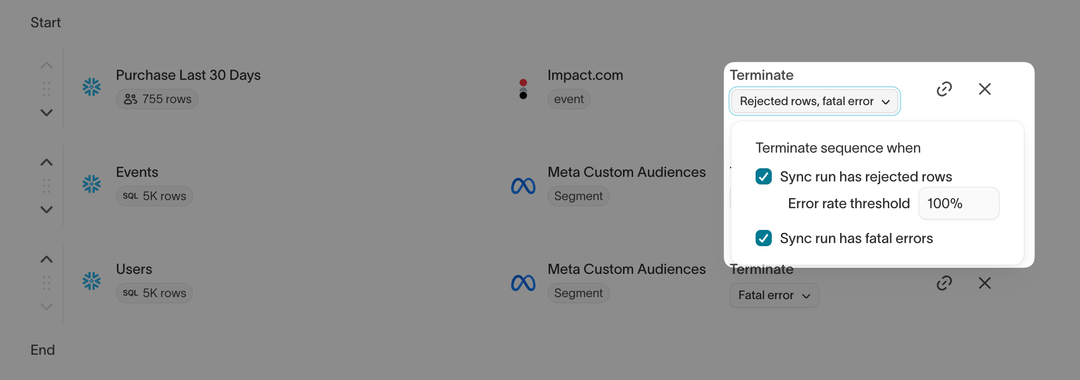 The Terminate menu with rejected-rows and fatal-errors options
