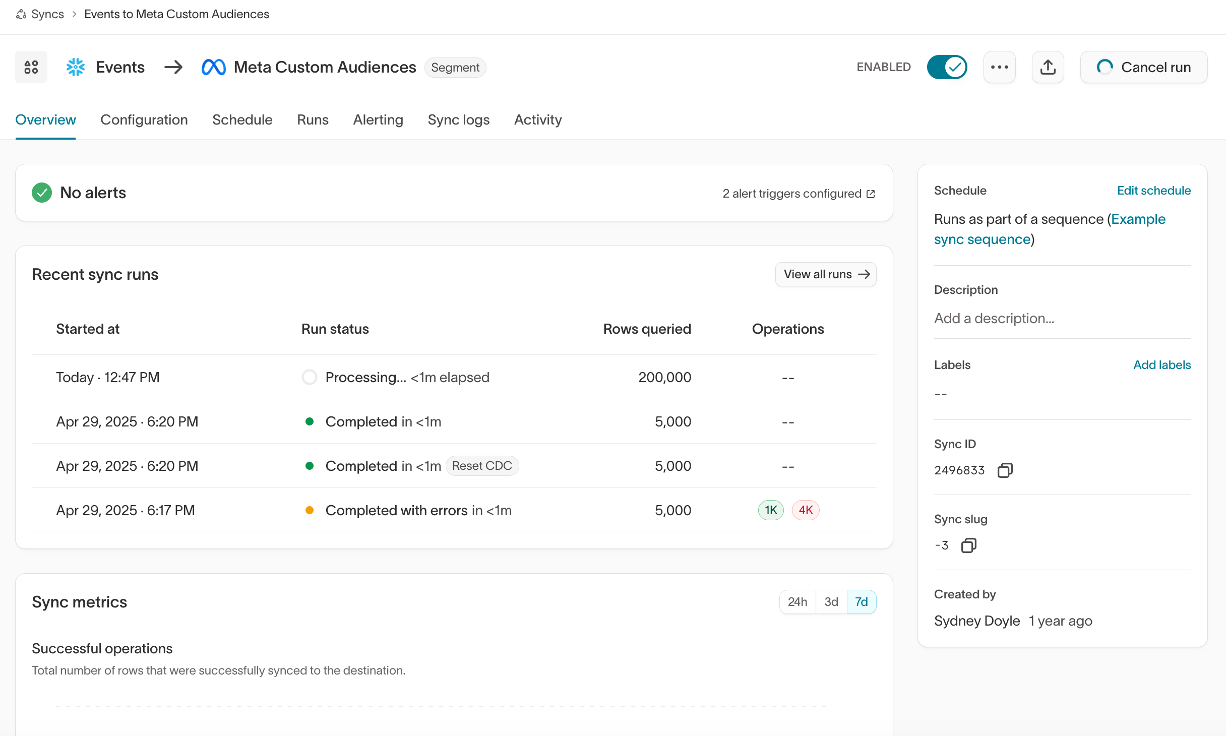 An individual sync's overview page