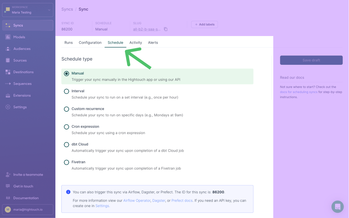 The Schedule tab of a sync in Hightouch