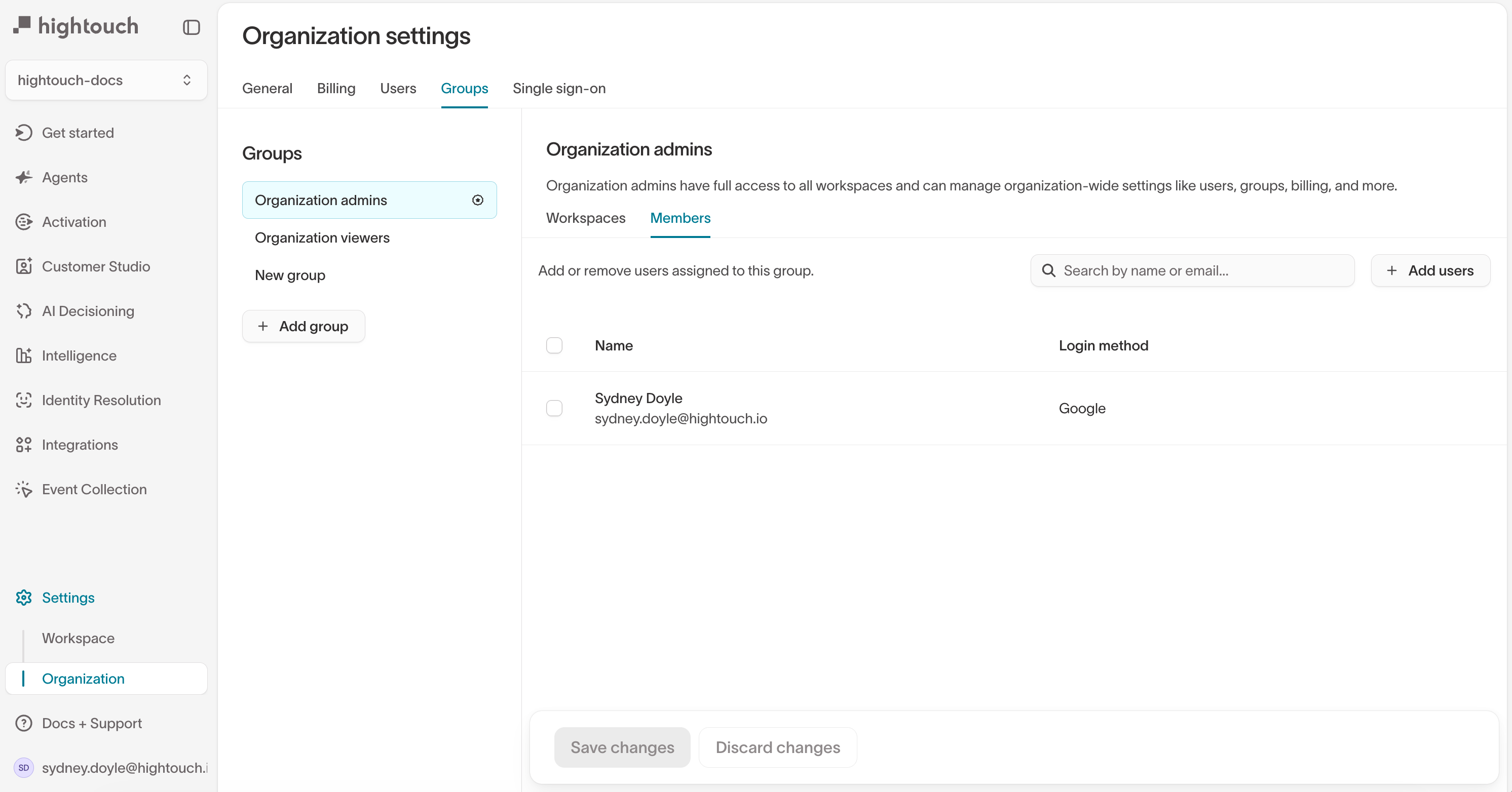 The Organization admins group Members tab showing current members and the Add users button