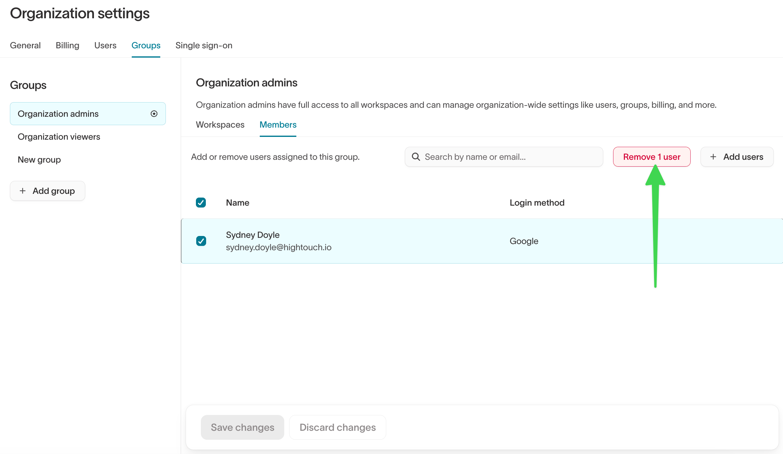 Selecting a user for removal from the Organization admins group