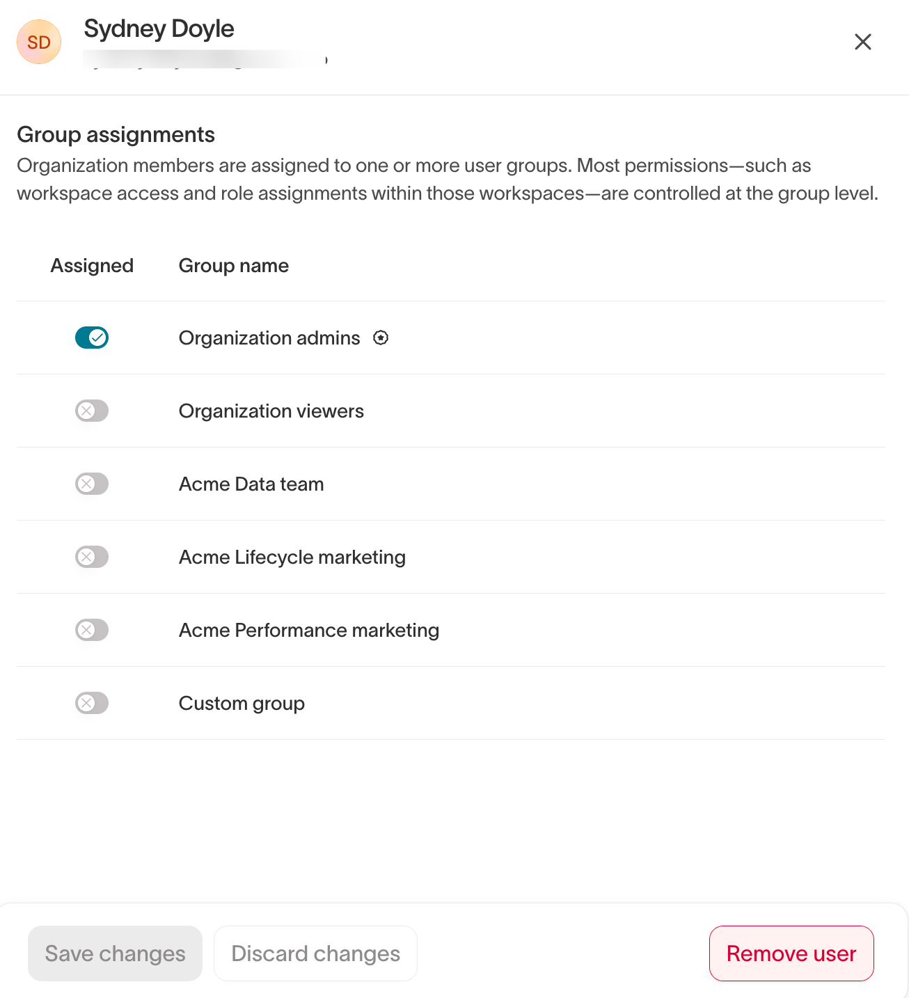 A user's Group assignments, with a toggle to assign each group