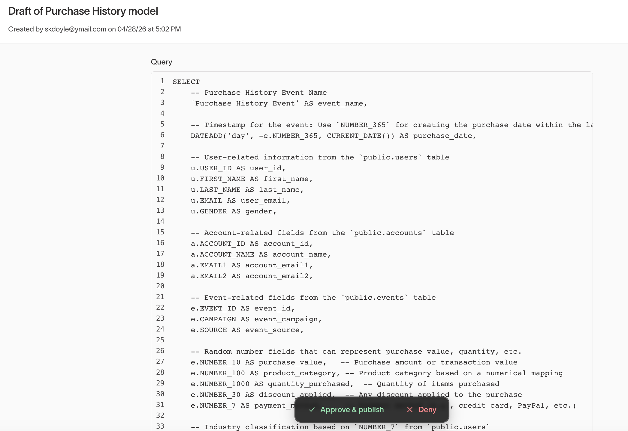 Draft review showing the model query with Approve & publish and Deny options