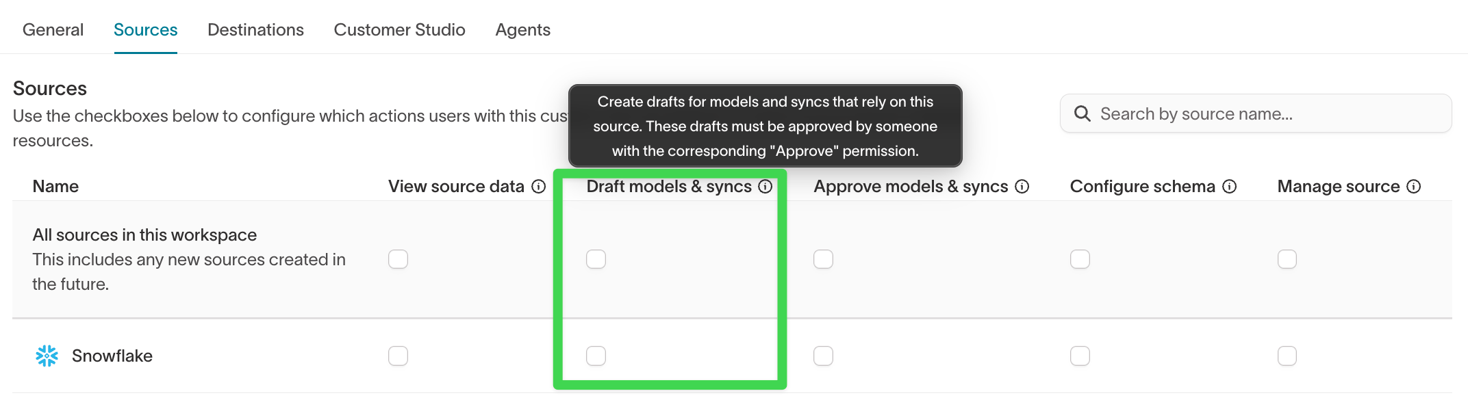 Custom role builder showing Draft models & syncs and Approve models & syncs permissions for sources