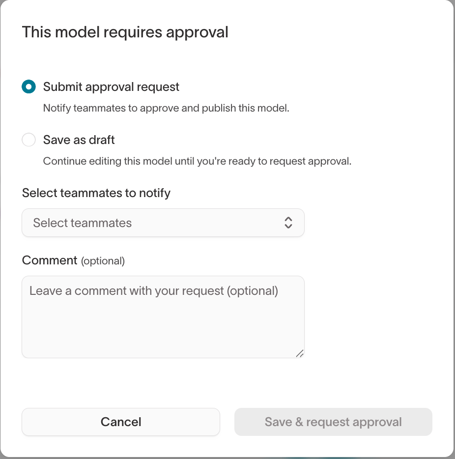 Workspace draft editor dialog showing Submit approval request and Save as draft options