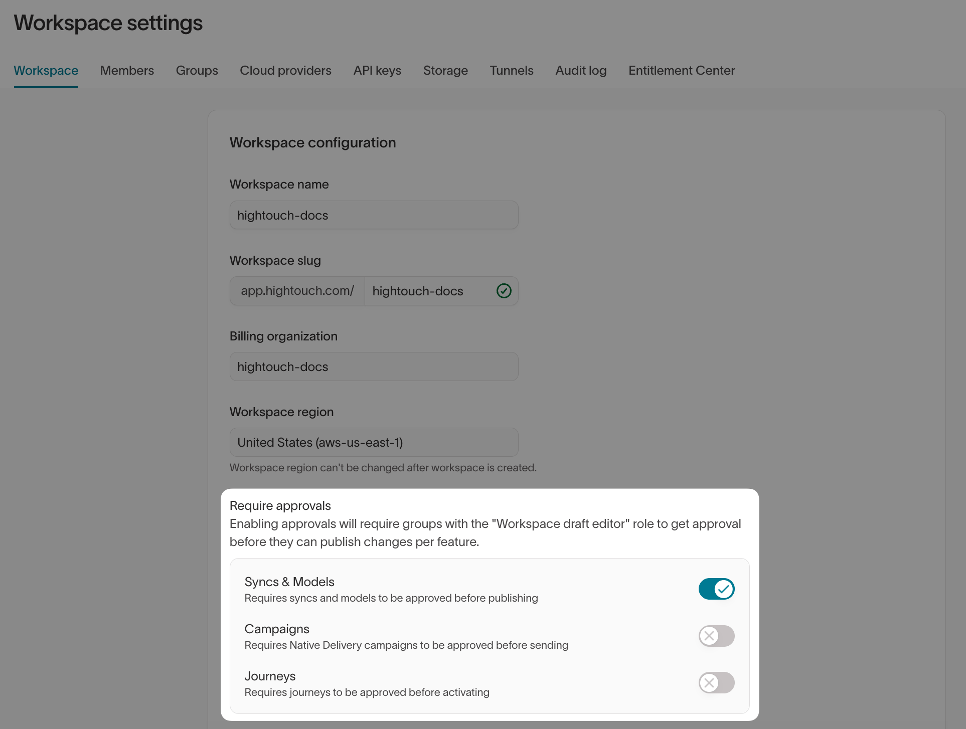 Require approvals in Workspace settings, with the Syncs & Models toggle turned on
