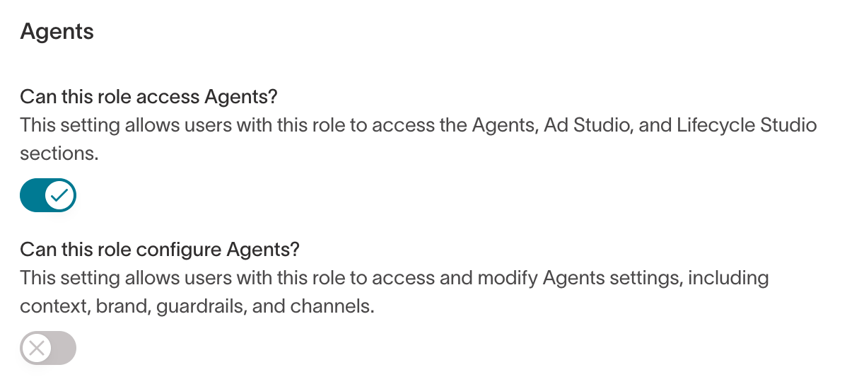 The Agents tab of the custom role builder, with toggles to access and configure Agents