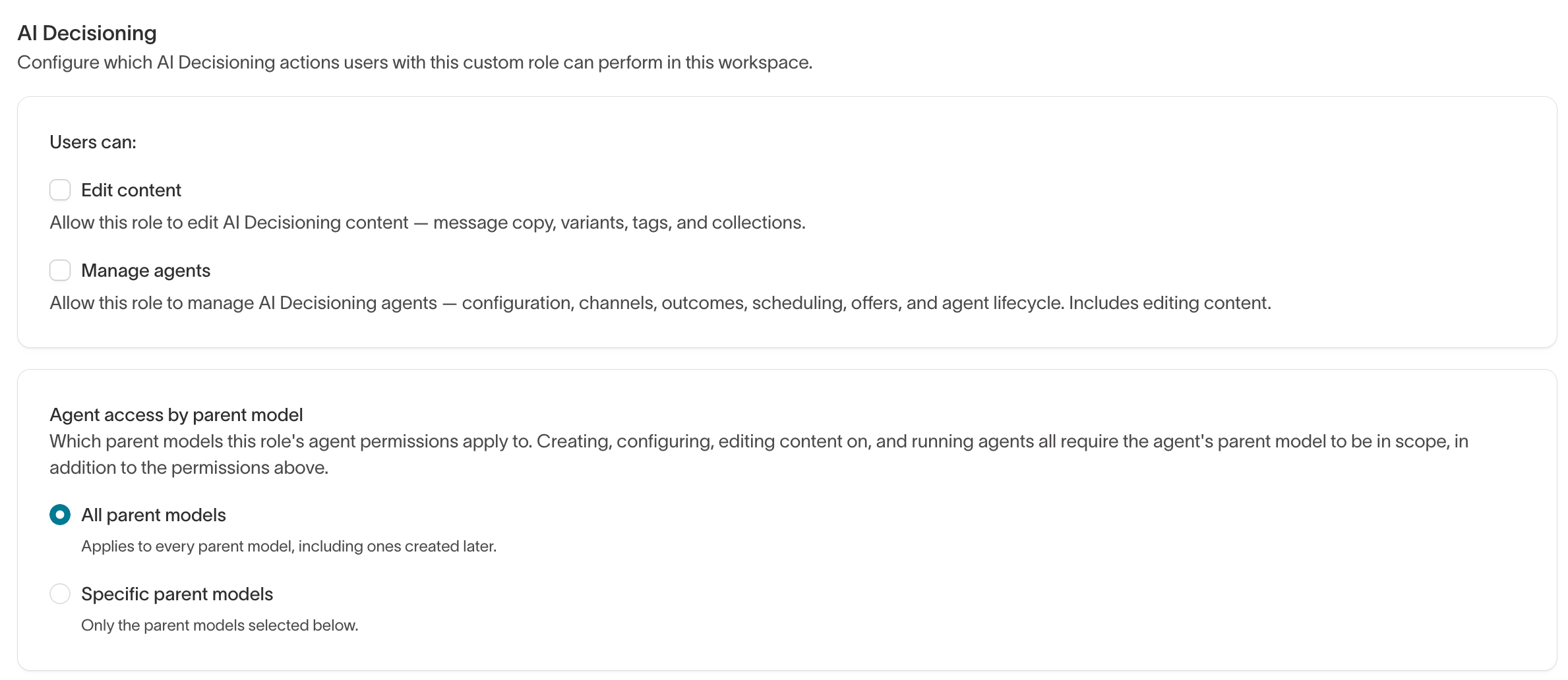 The AI Decisioning tab of the custom role builder, with the Edit content and Manage agents grants and agent access by parent model