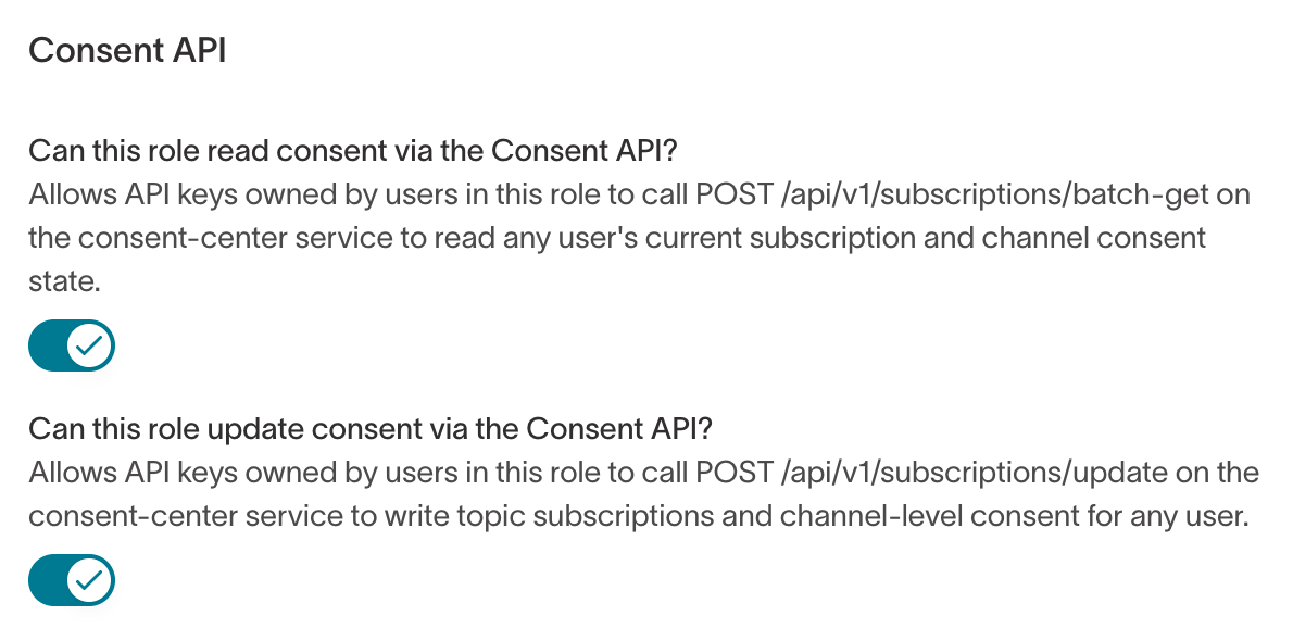 The Consent API tab of the custom role builder, with toggles to read and update consent