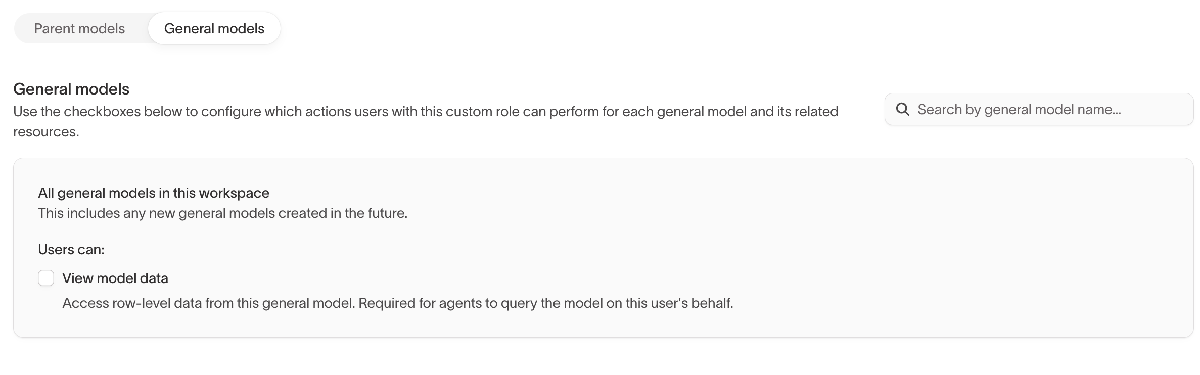The General models sub-tab of the custom role builder, with the View model data grant