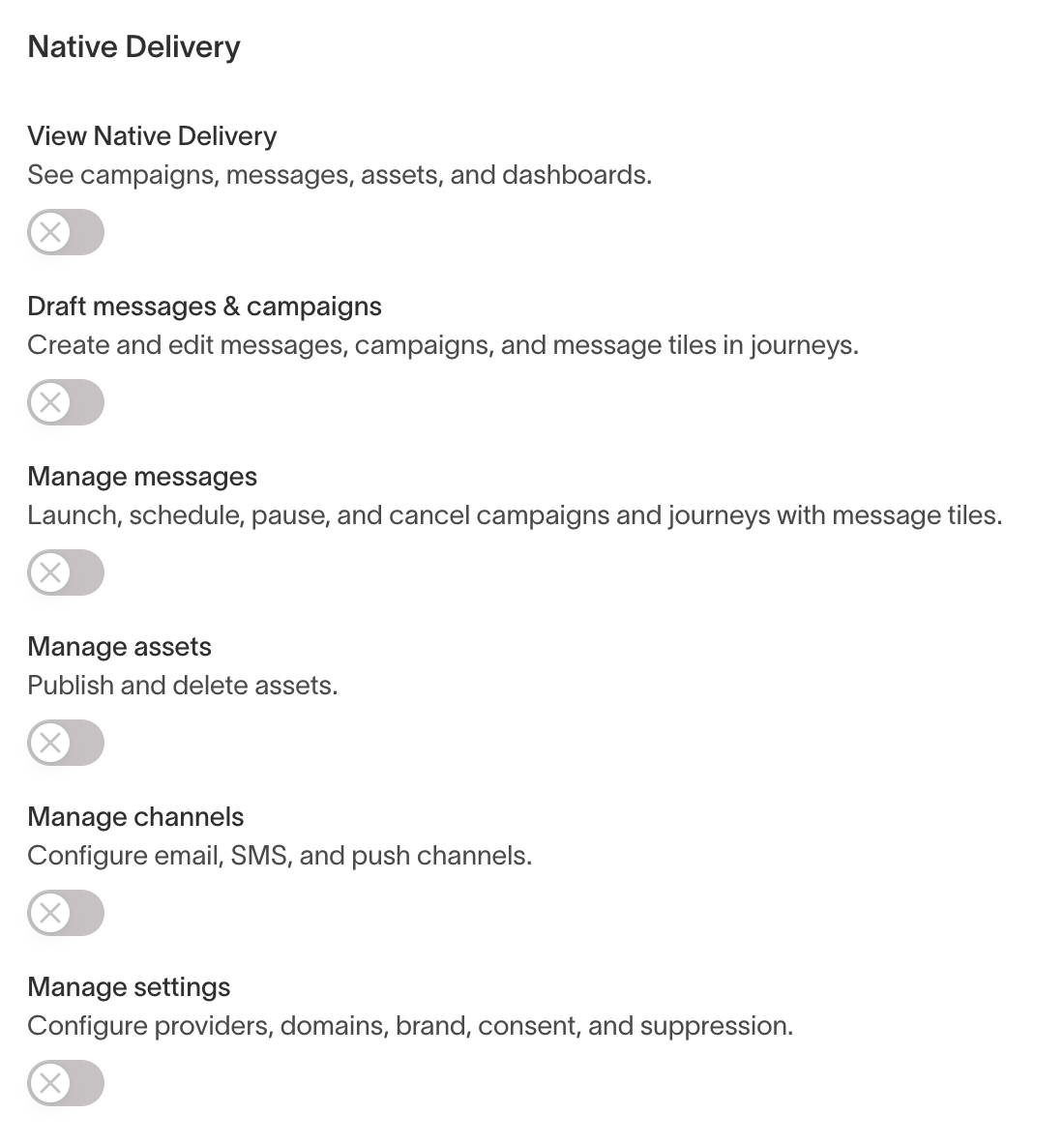 The Native Delivery tab of the custom role builder, with toggles for each Native Delivery grant