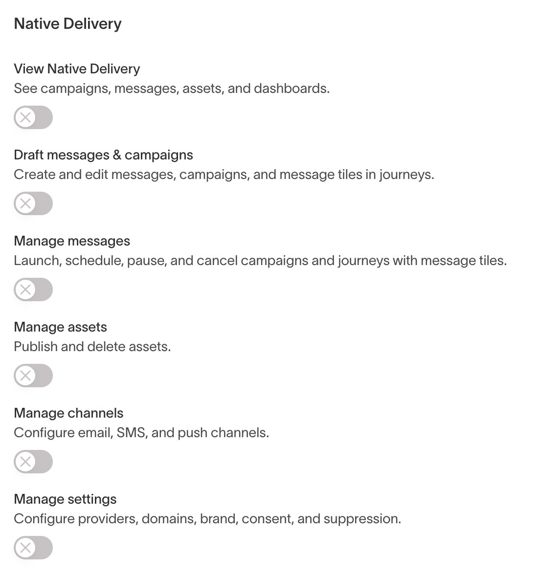 The Native Delivery tab of the custom role builder, with toggles for each Native Delivery grant