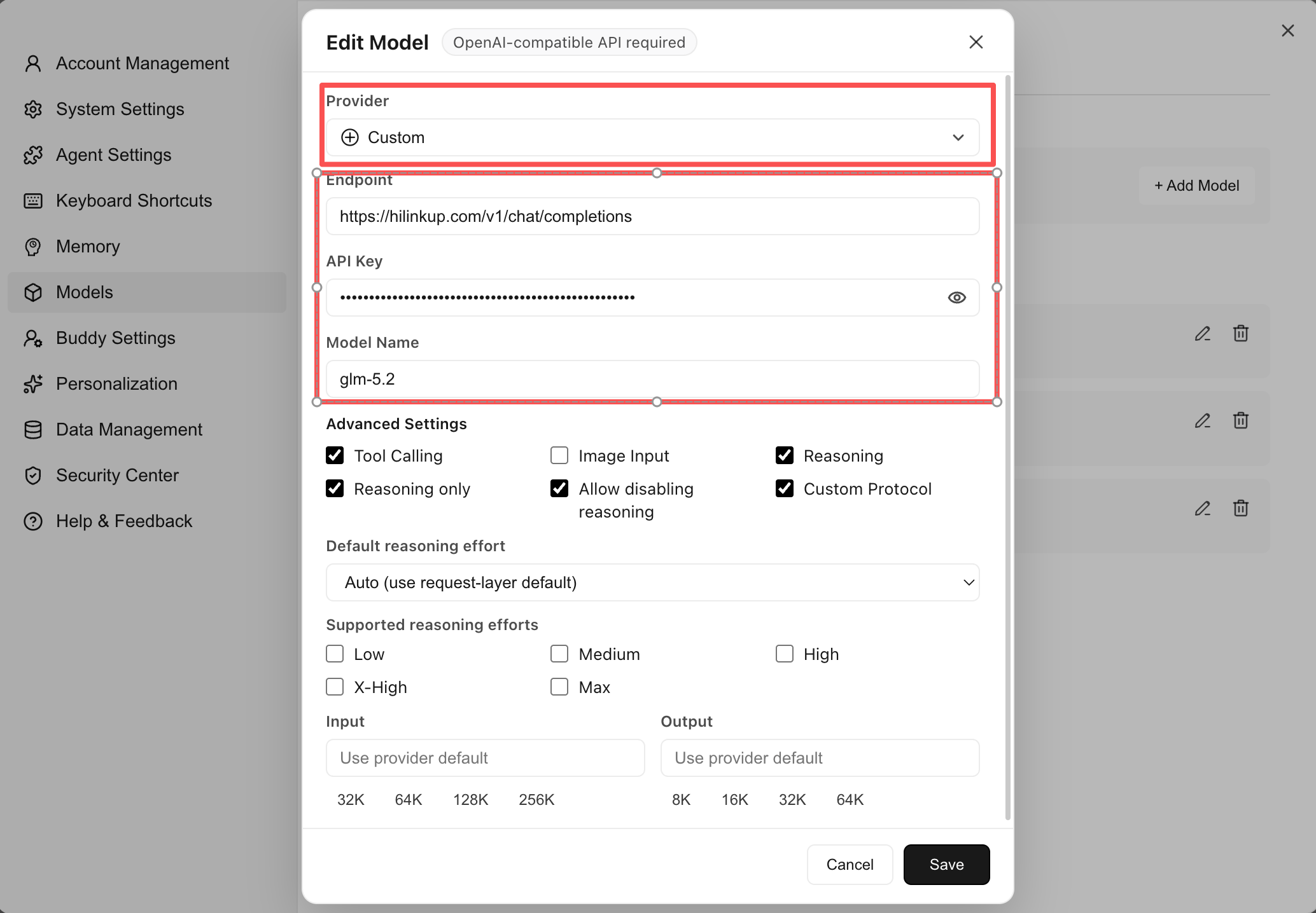 HiLinkup endpoint, API key, and model name in the WorkBuddy custom model editor