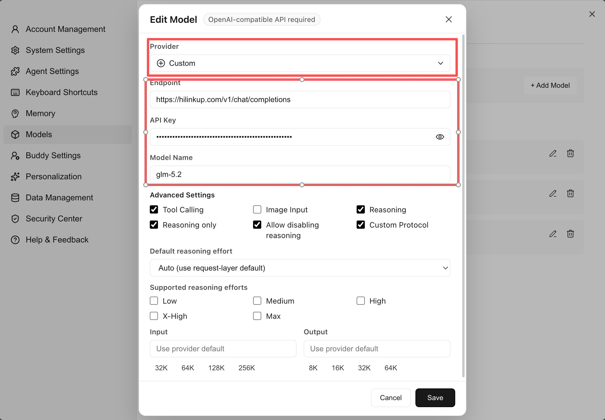 WorkBuddy 自定义模型窗口中的 HiLinkup Endpoint、API Key 和模型名称