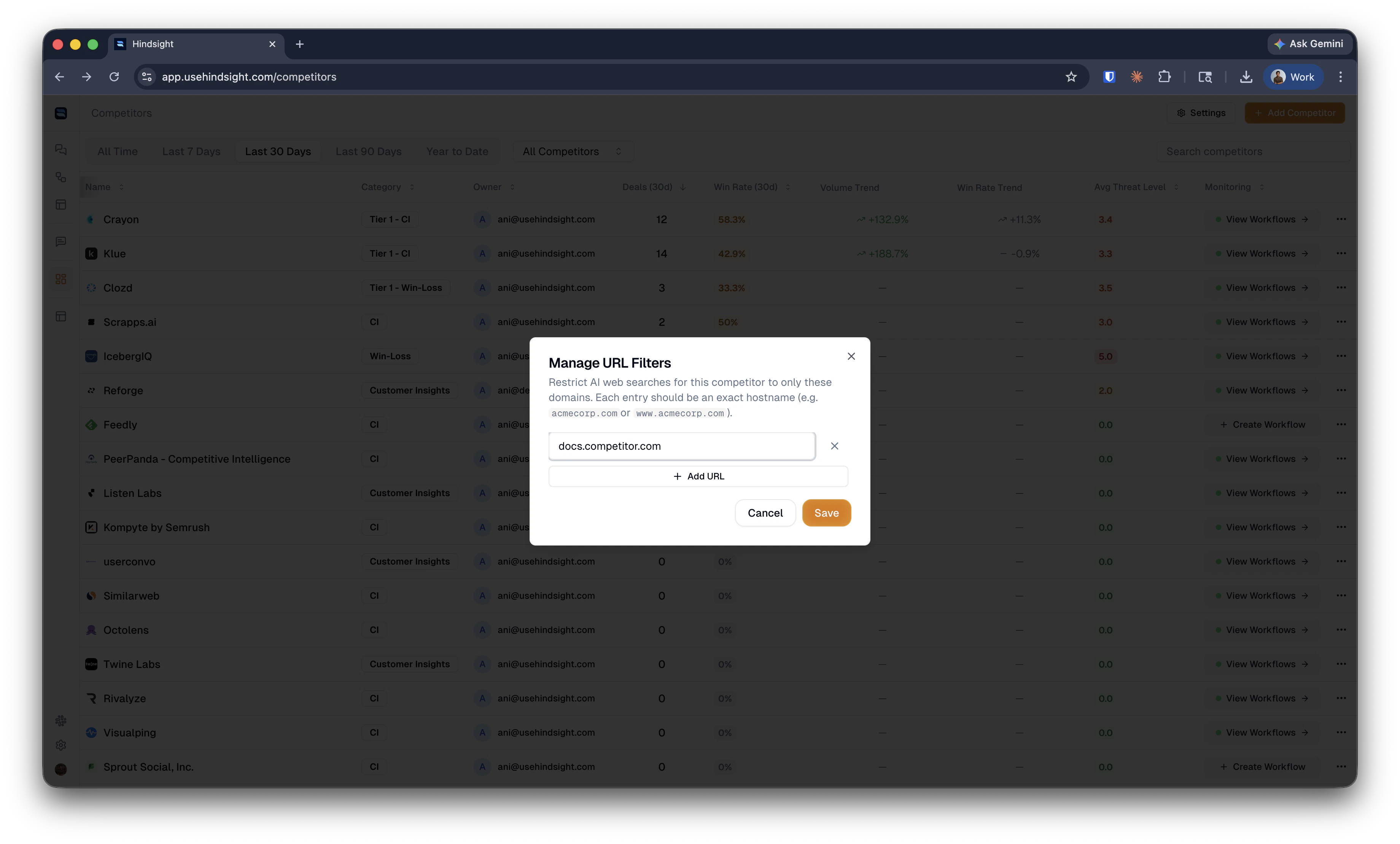 Manage URL filters for a competitor