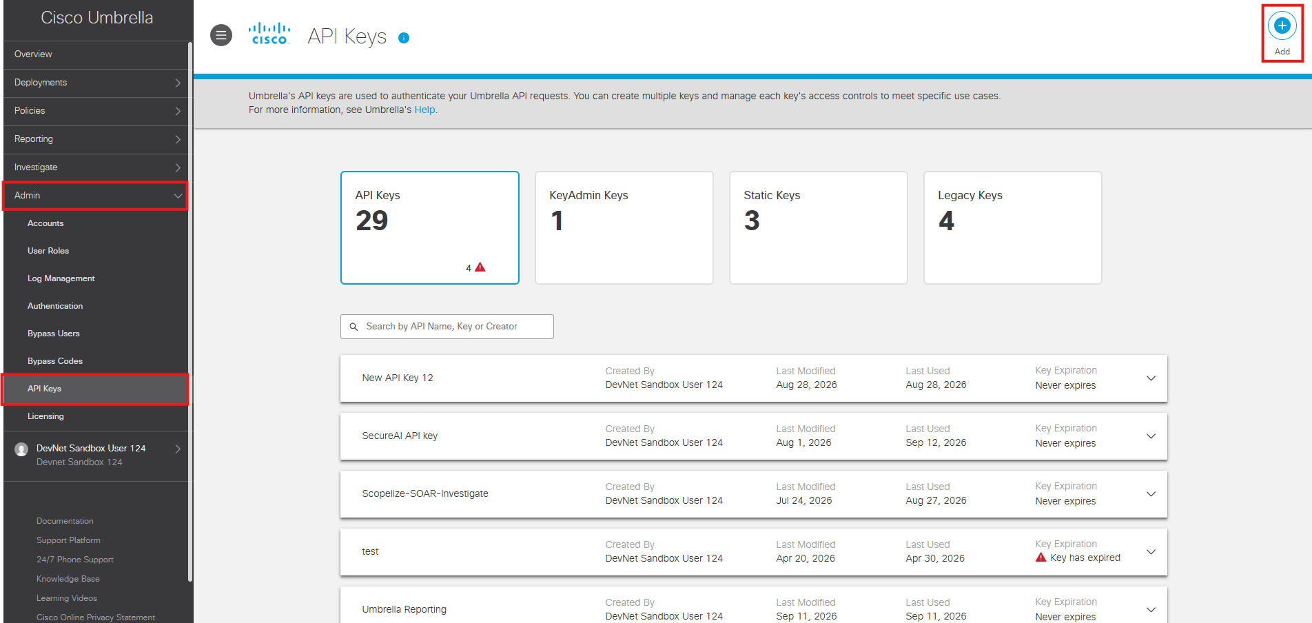 Página API Keys de Cisco Umbrella con el botón Add resaltado