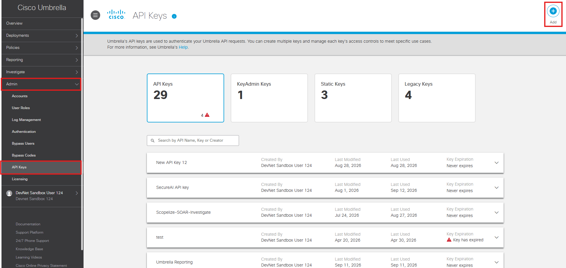 Página API Keys de Cisco Umbrella con el botón Add resaltado