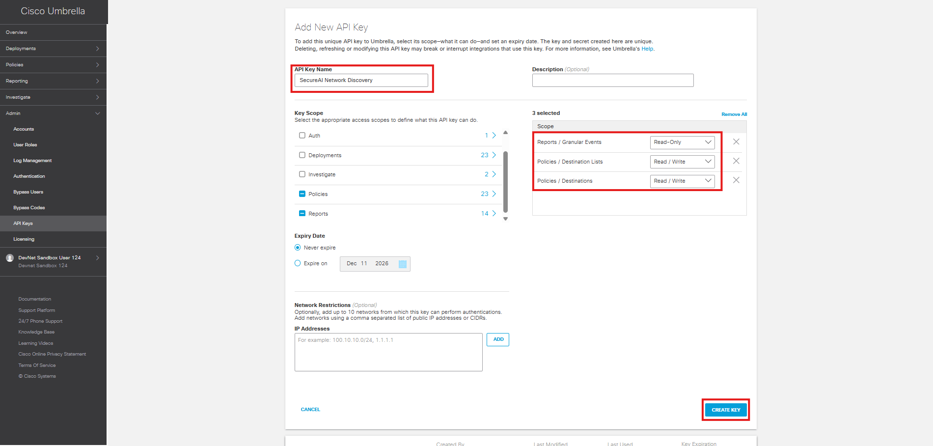 Scopes requeridos para SecureAI en Cisco Umbrella