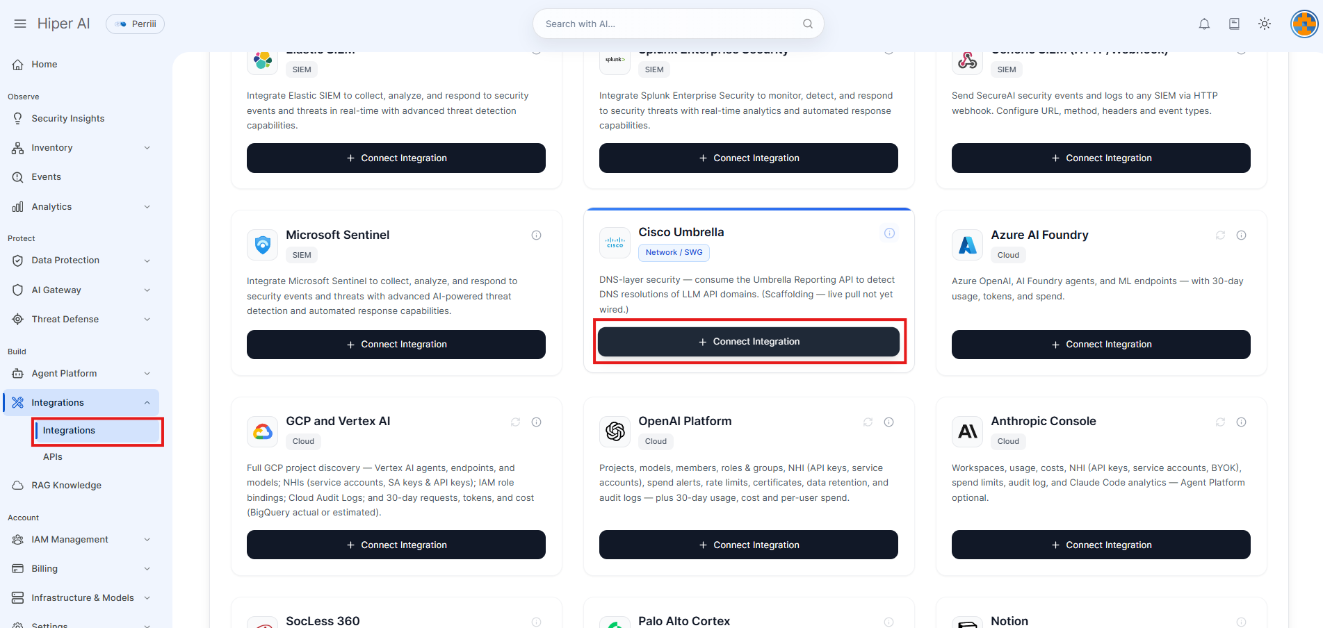 Tarjeta Cisco Umbrella en la sección Integrations de SecureAI