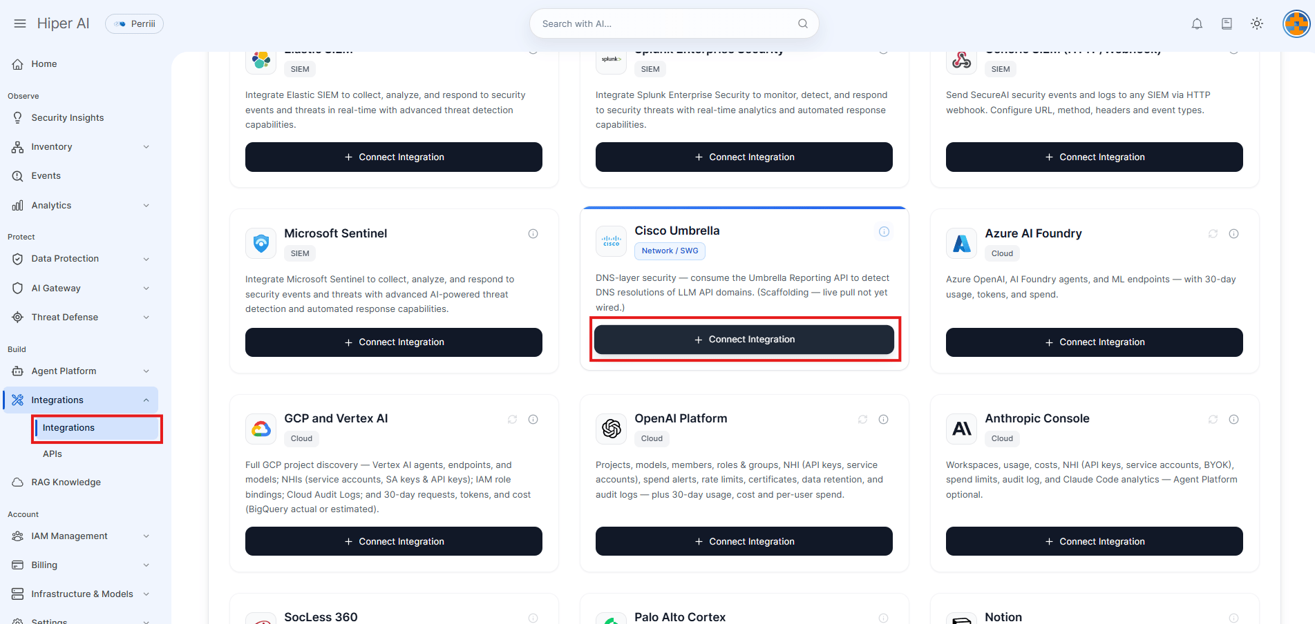 Tarjeta Cisco Umbrella en la sección Integrations de SecureAI