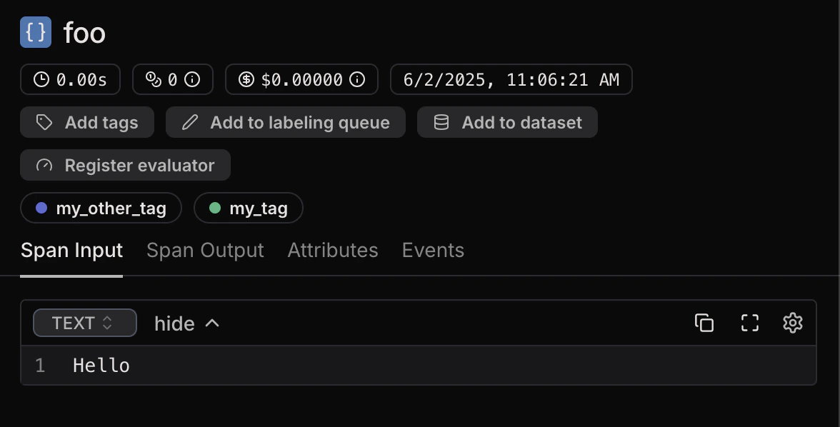 Span tags displayed as shields in the Laminar UI