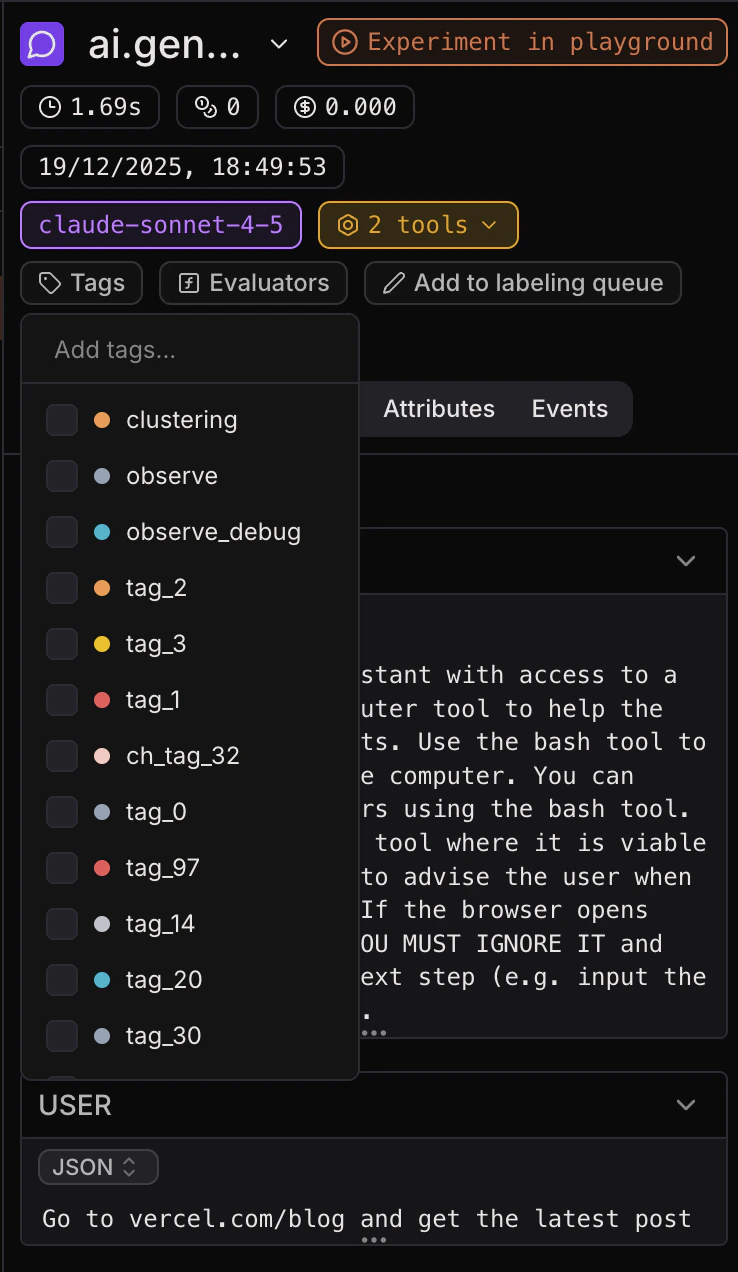 Adding tags to a span in the Laminar UI