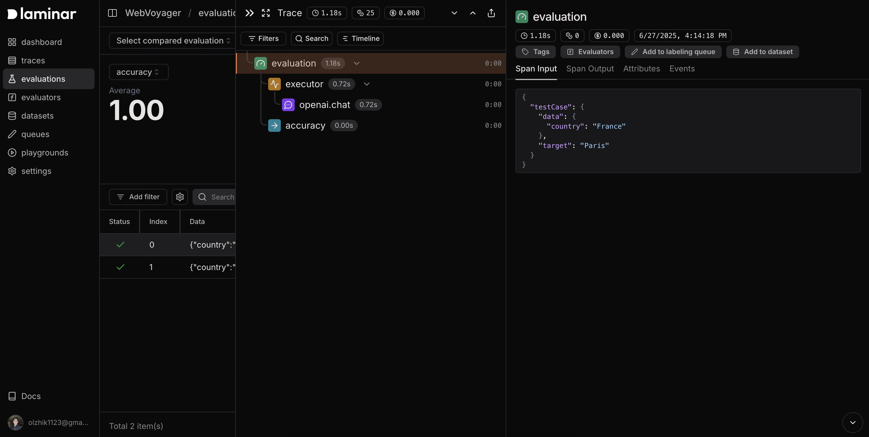 Manual evaluation results showing tracing hierarchy with evaluation, executor, and evaluator spans, along with datapoint scores and metadata