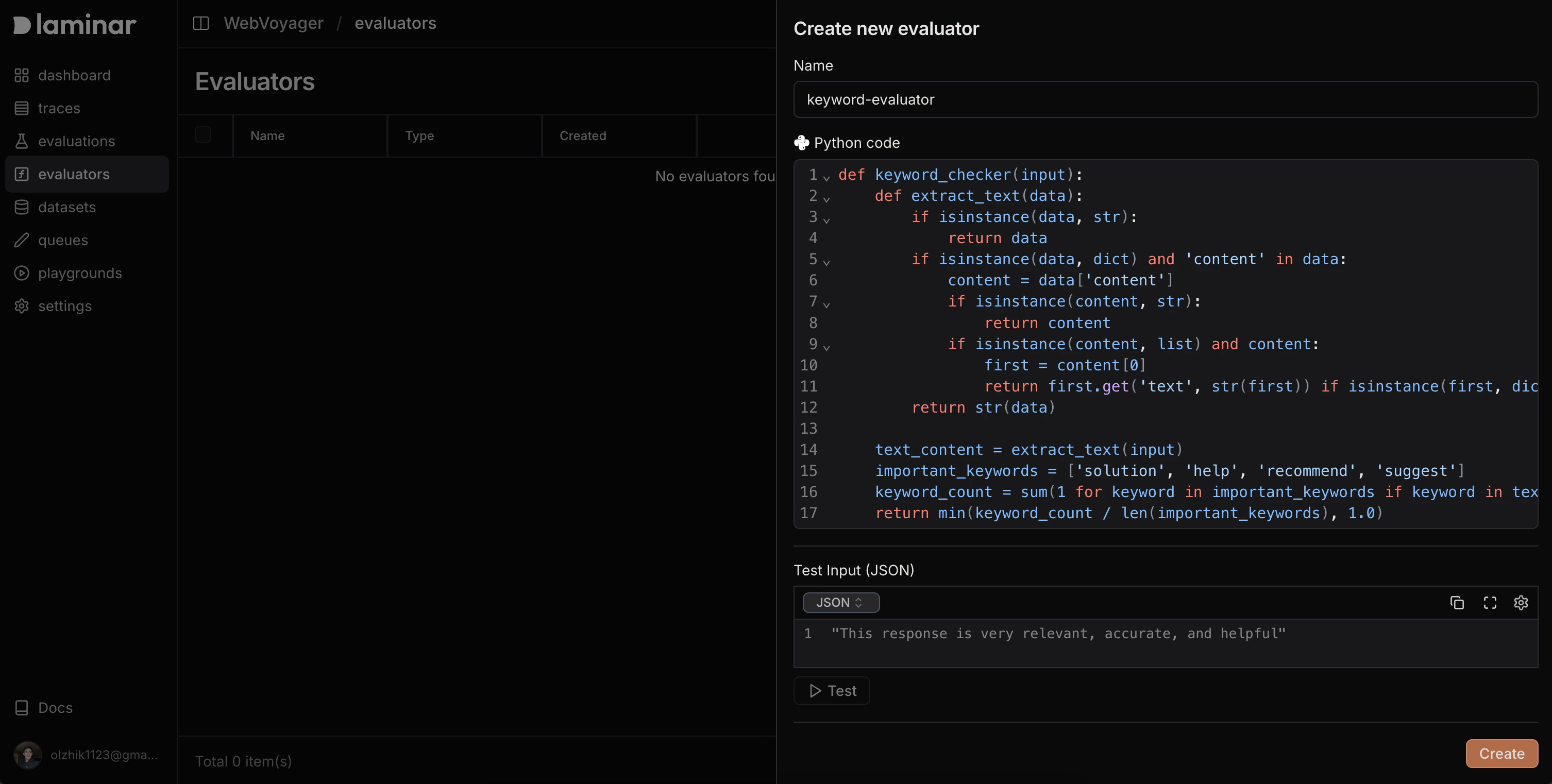 Create evaluator function