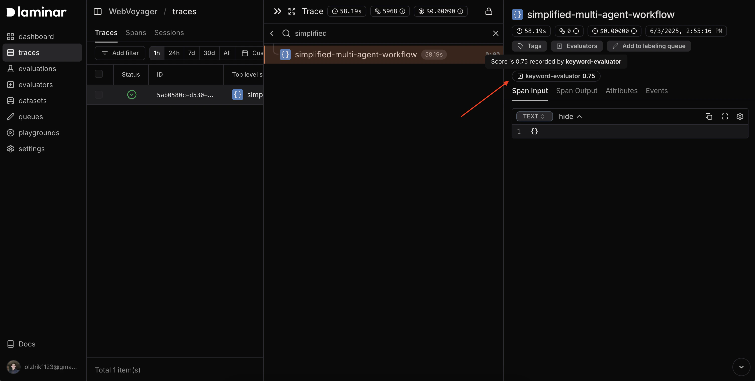 Verify execution - evaluator scores displayed in span