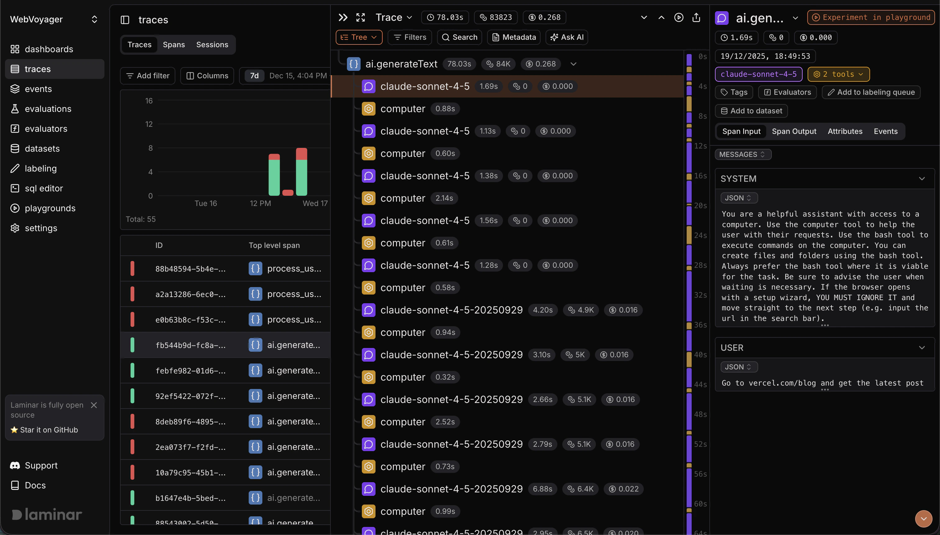 Trace view showing spans for an agent run