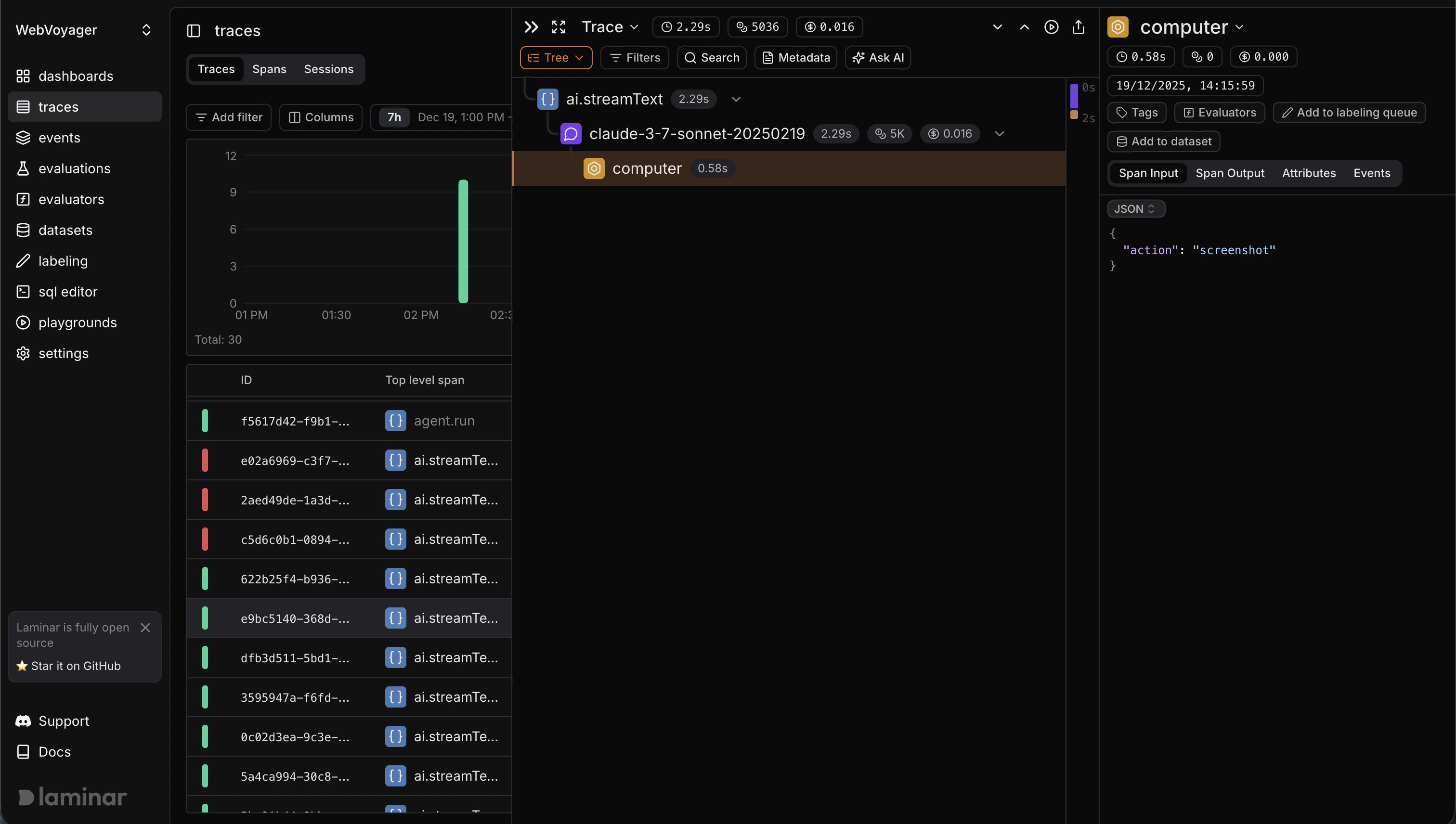 Trace view showing nested spans for observed function calls