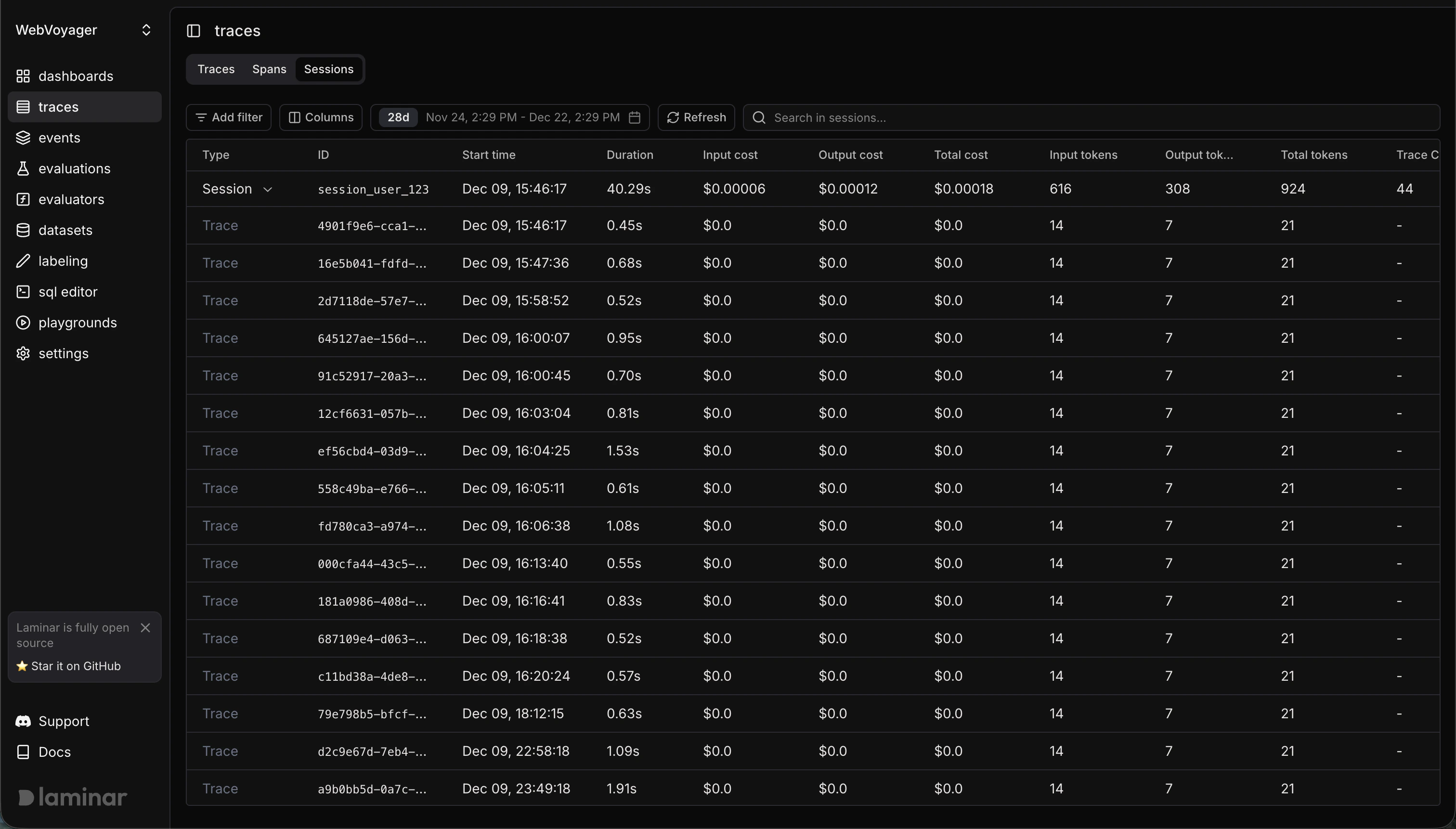 Sessions tab showing traces grouped by session