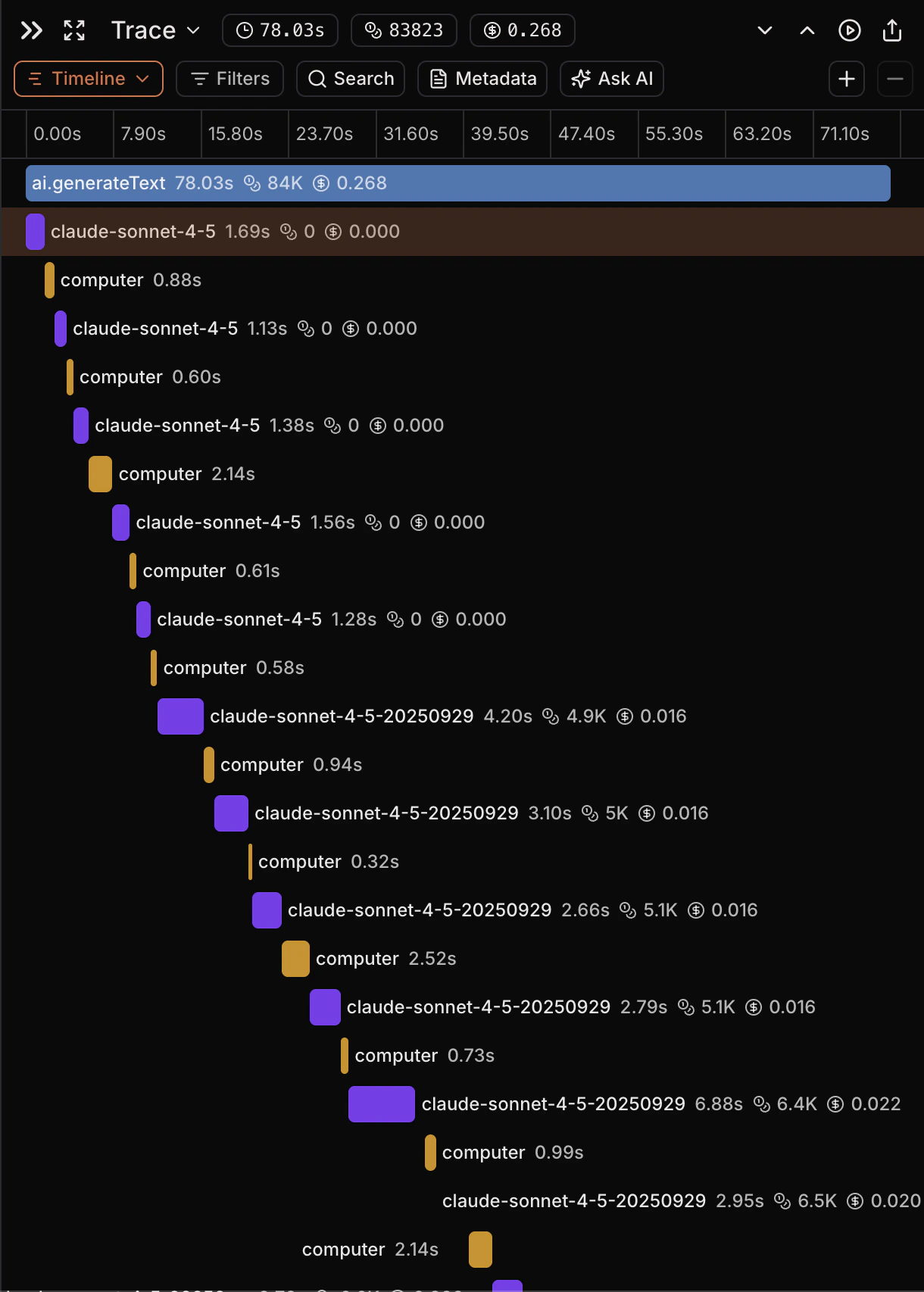 Trace detail view for a trace within a session