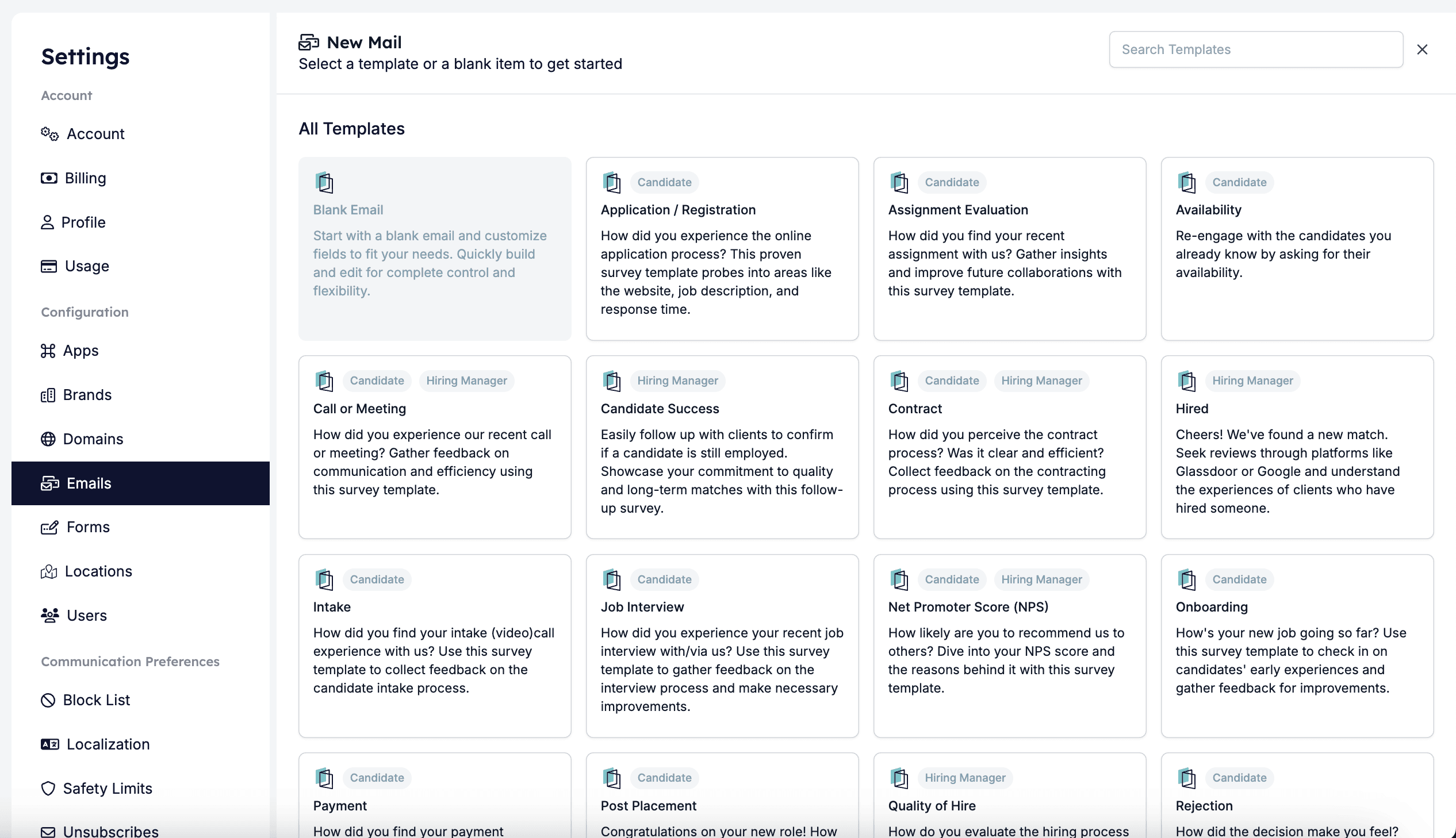 Emails page in HireData