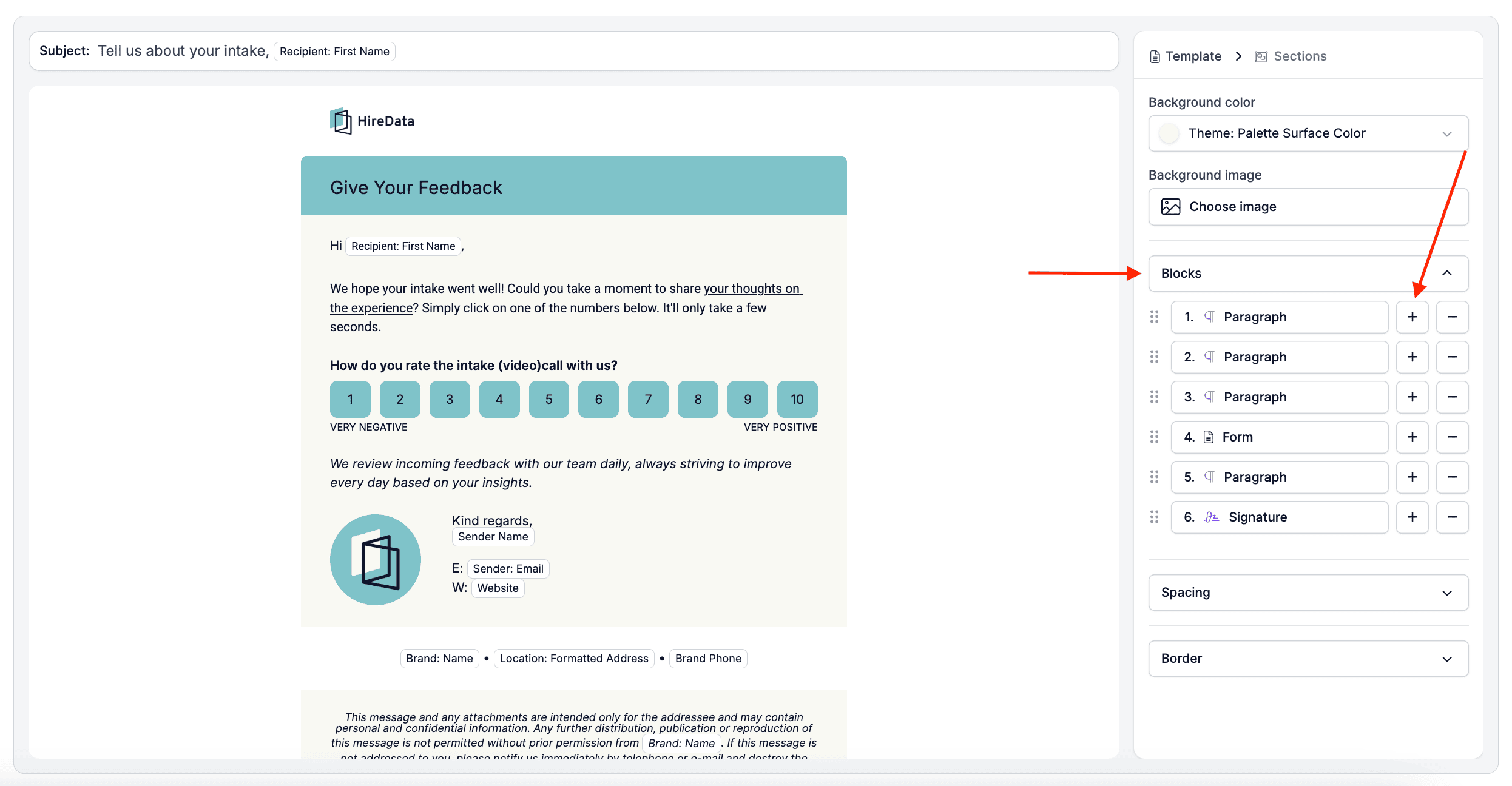 Blocks section in the email editor