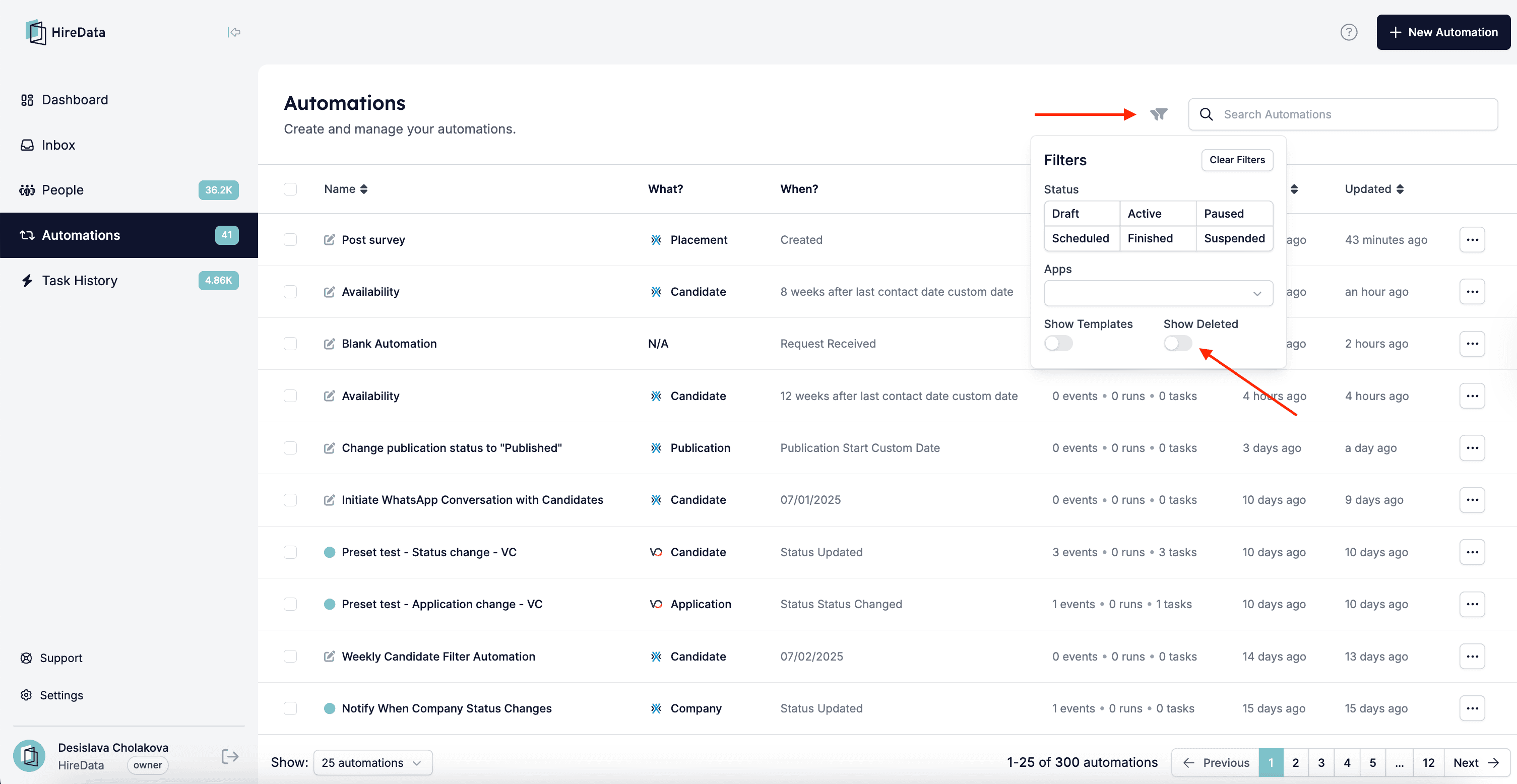 Filters menu