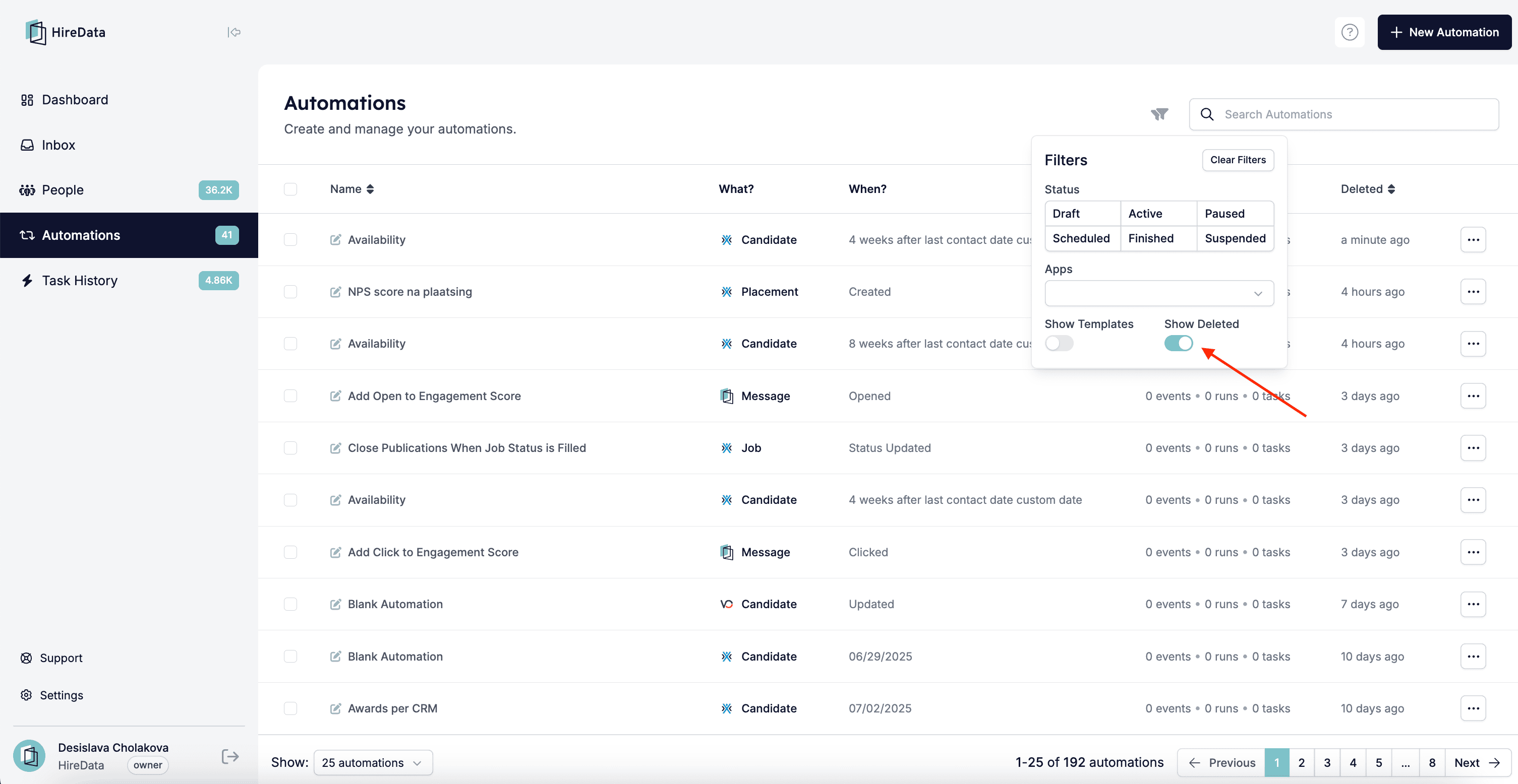 Deleted automations view