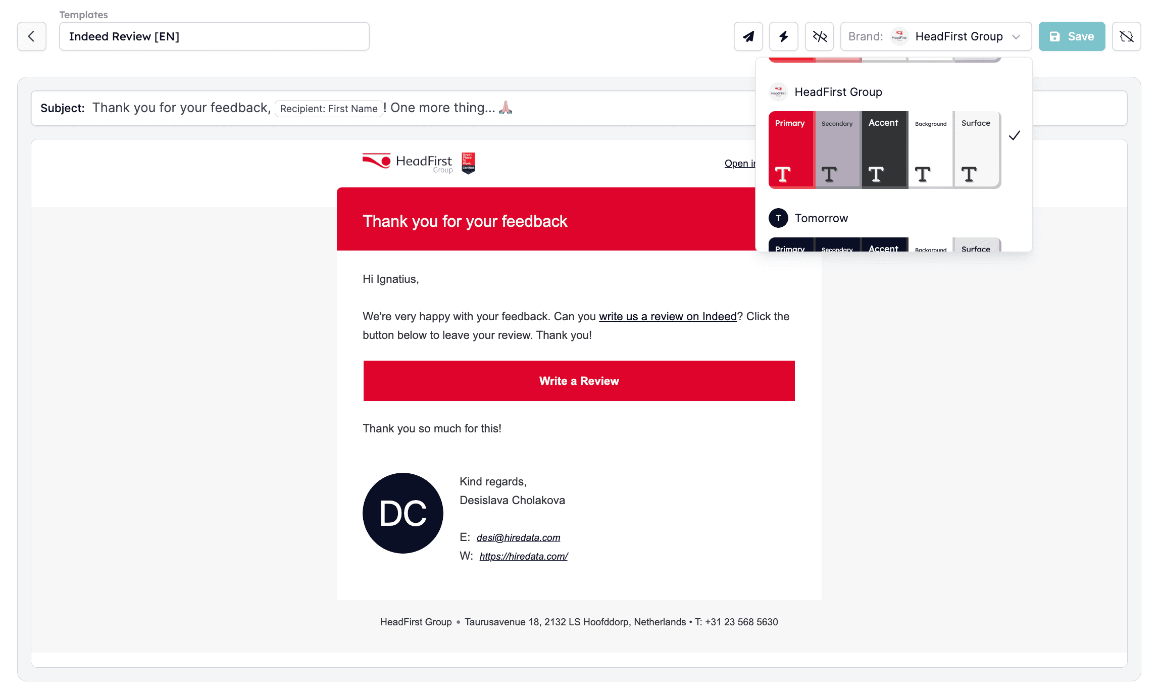 Selecting the brand and showing an example template design