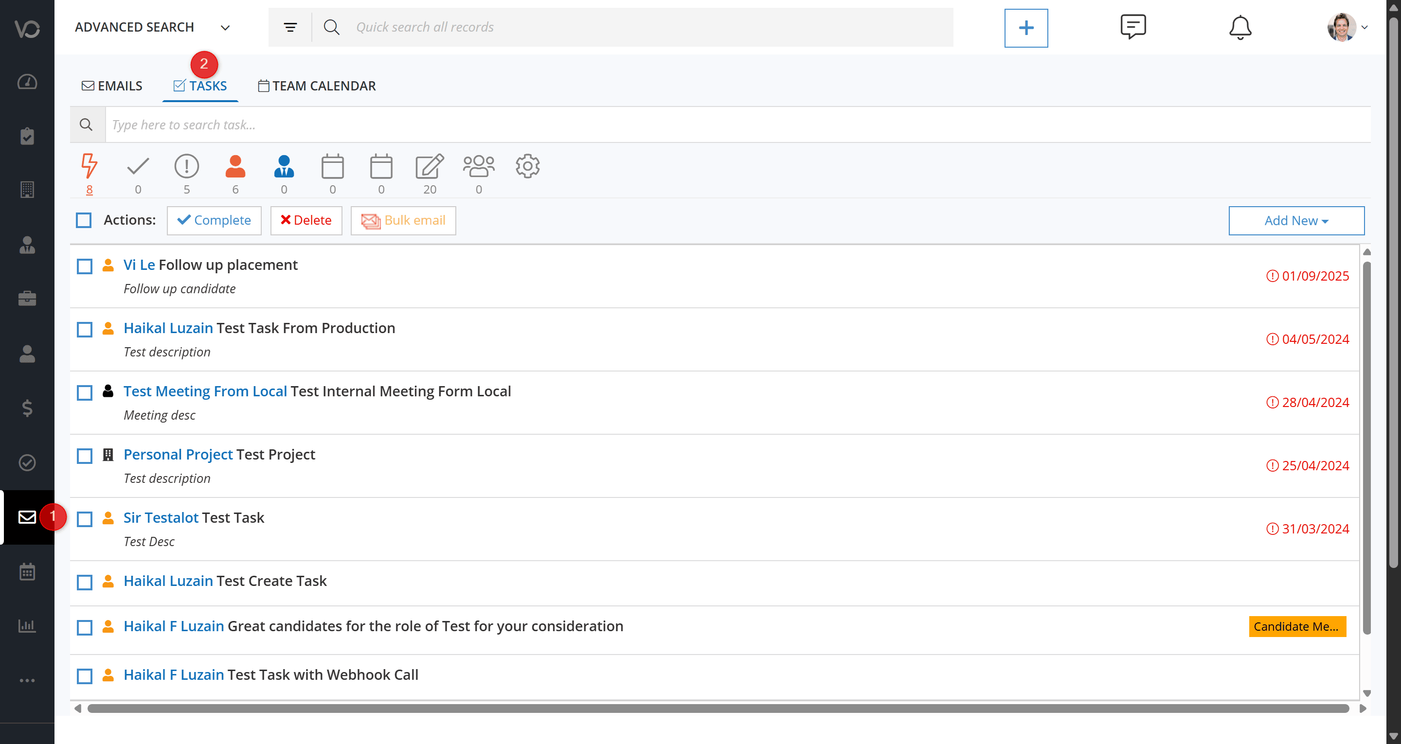 Tracking the task in Vincere