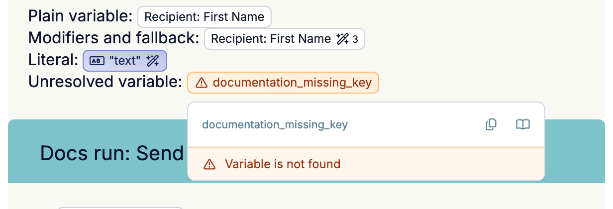 Ein oranges Badge mit der Aufschrift documentation_missing_key und einem Dreieck-Symbol, und sein Popover, das den Key über einer Zeile mit Variable is not found wiederholt