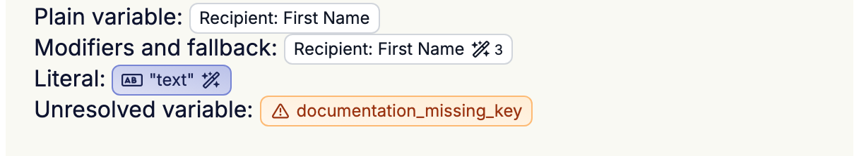 Vier Badges in einem E-Mail-Absatz: Recipient: First Name, Recipient: First Name mit einem Zauberstab-Symbol und einer 3, ein getöntes 'text'-Badge mit einem Zauberstab-Symbol und ein oranges documentation_missing_key-Badge mit einem Warnsymbol