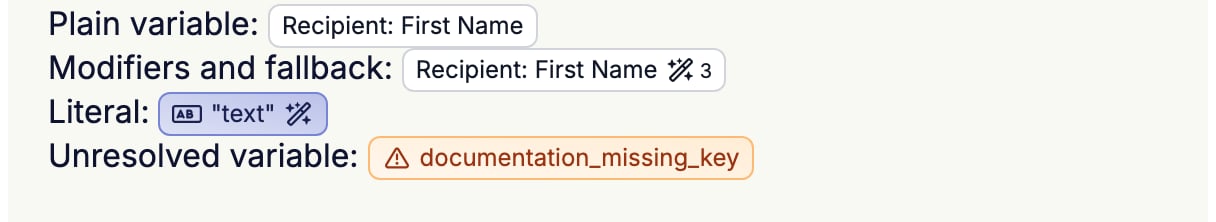 Vier Badges in einem E-Mail-Absatz: Recipient: First Name, Recipient: First Name mit einem Zauberstab-Symbol und einer 3, ein getöntes 'text'-Badge mit einem Zauberstab-Symbol und ein oranges documentation_missing_key-Badge mit einem Warnsymbol